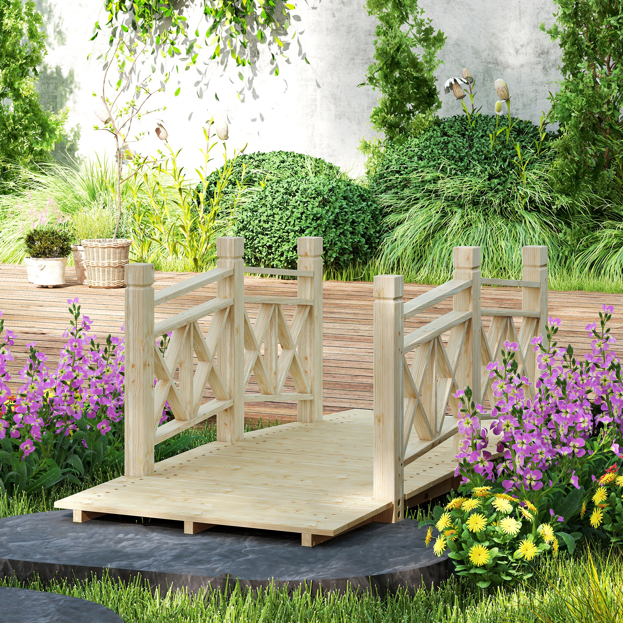 Puente peatonal de madera para jardín de 5 pies, para estanques y arroyos, natural