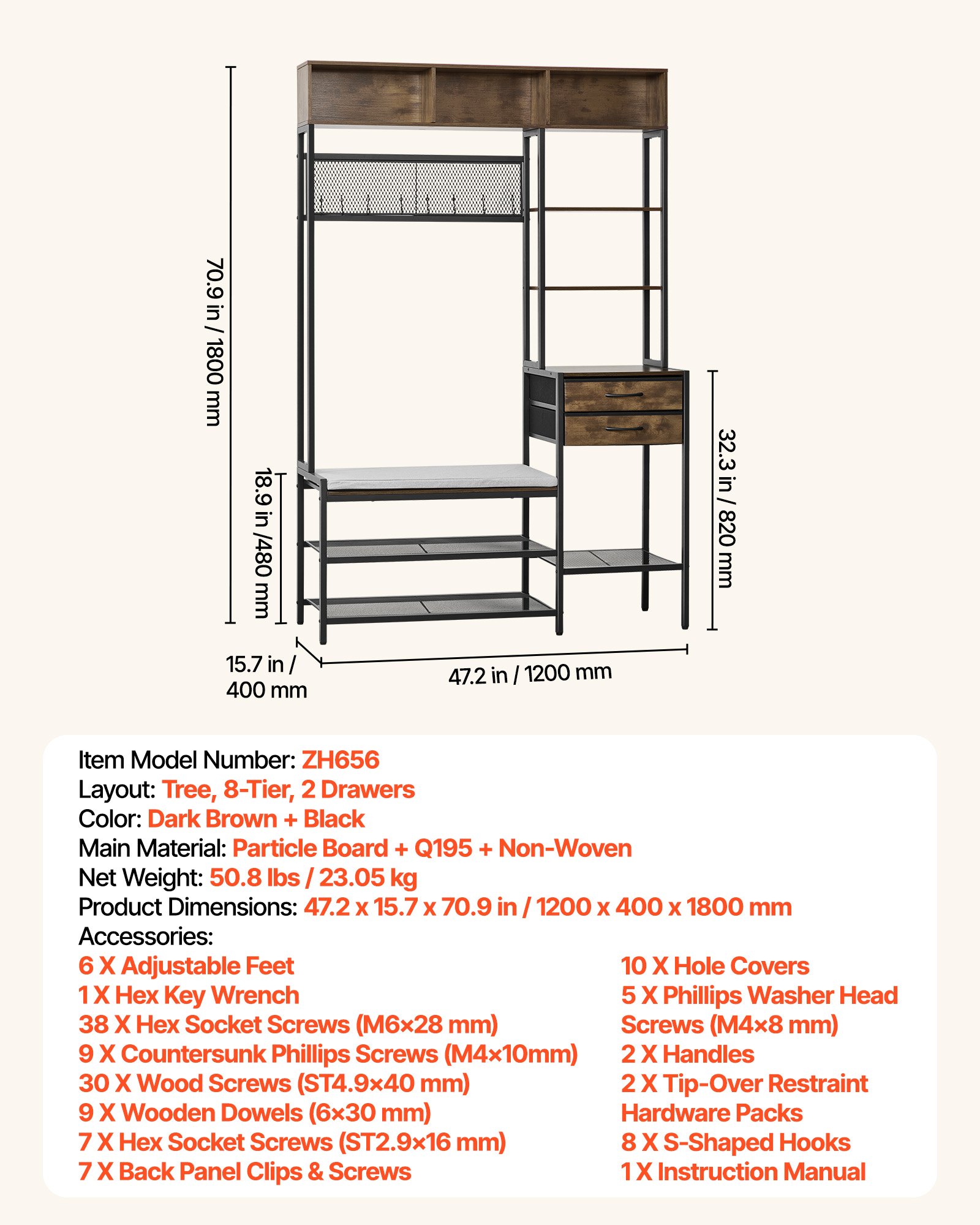 Hall Tree, 70.9 In Coat Rack With Shoe Bench & 2 Drawers, 3-in-1 Freestanding Shoe Rack Storage Organizer With Bookshelf & Wire Shelf, Steel Frame Entrance Coat Holder For Entry, Bedroom, Closet