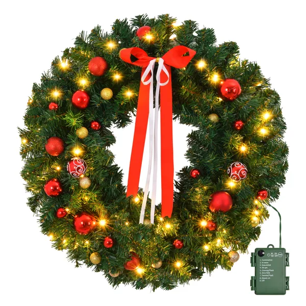 Corona de Navidad artificial pre-iluminada de 36 pulgadas, 80 luces cálidas, a pilas