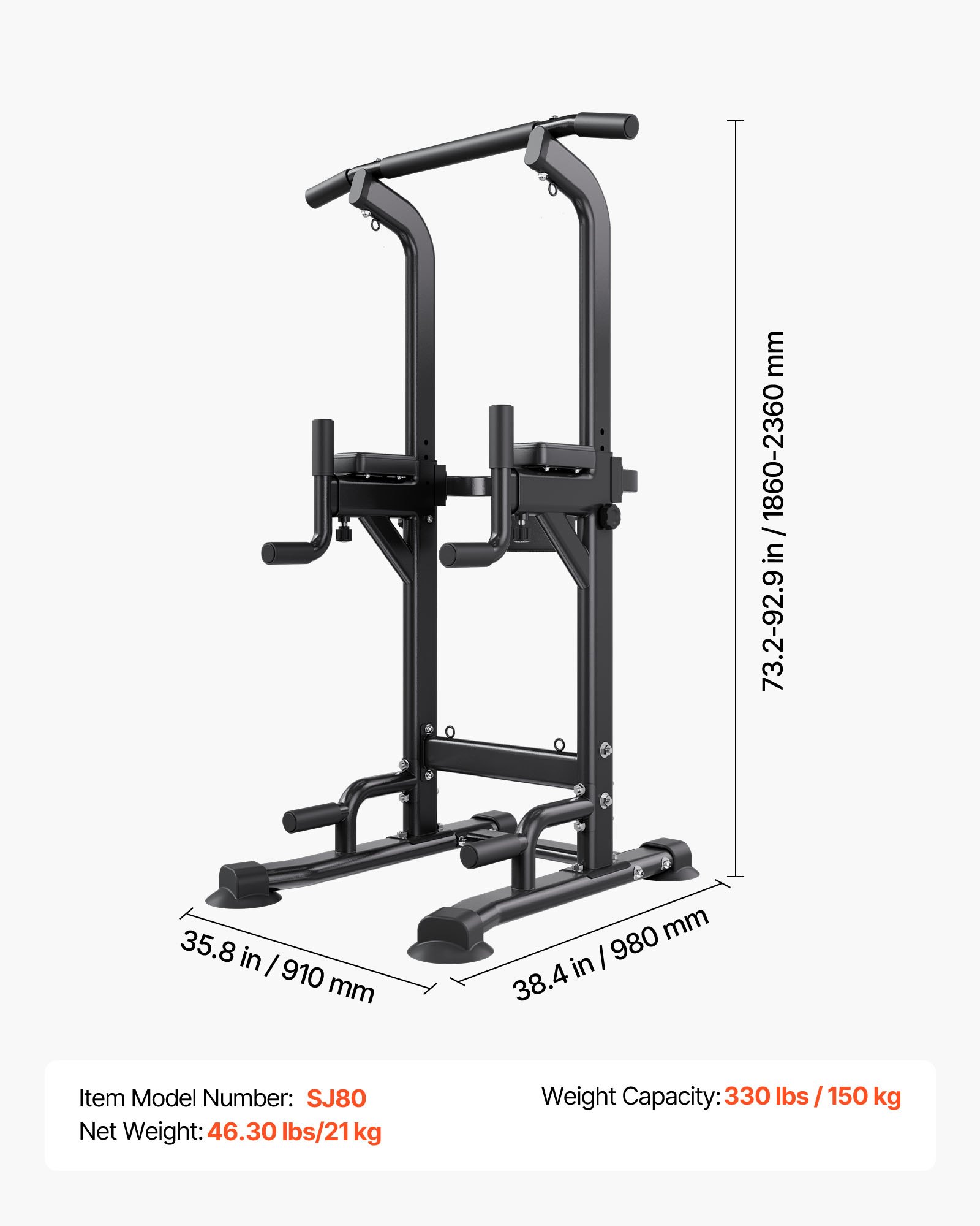 Pull Up Bar, 330 LBS Power Tower Dip Station, Workout Dip Station With H-Shaped Stable Base & Back Pad, Adjustable 12 Level Height Free Standing Chin Up Bar For Back, 4-Level Adjustable Back Pad