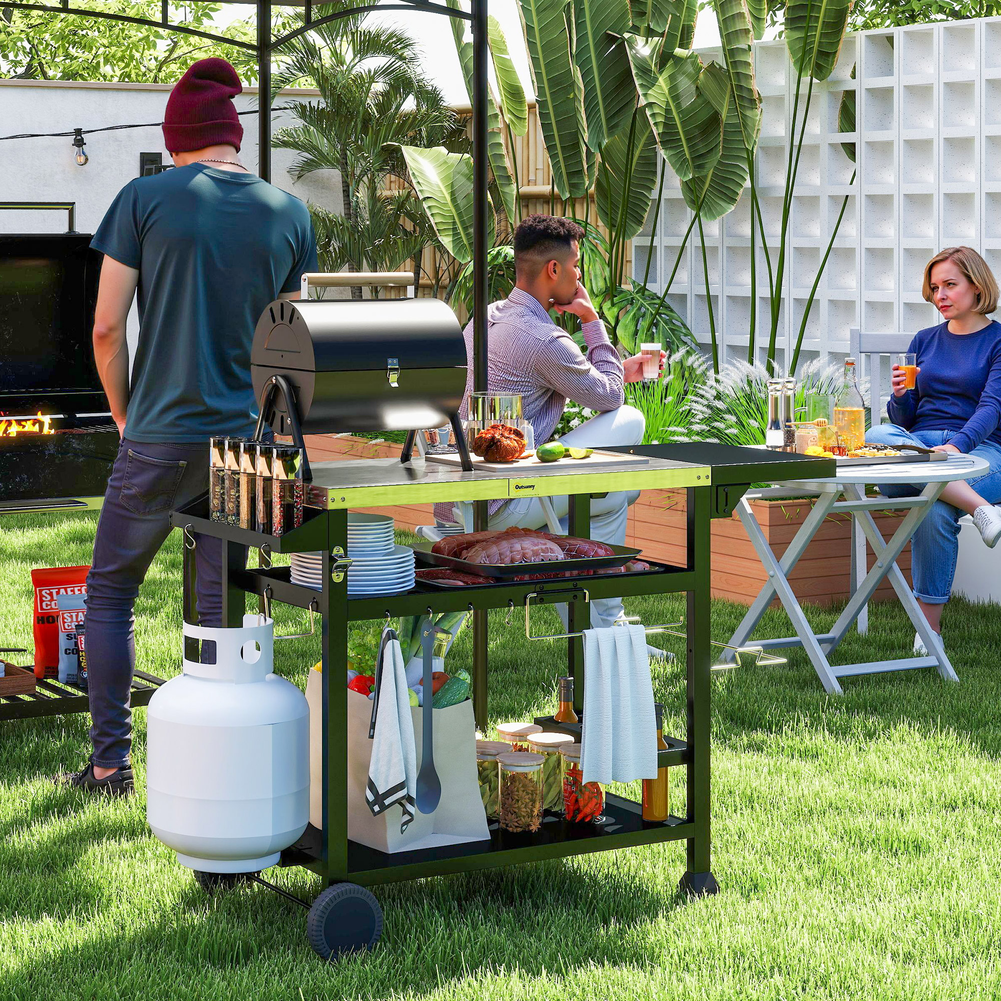 3-Shelf Outdoor Grill Cart Table with Foldable Side Table, Stainless Steel Pizza Oven Stand on Wheels, Black