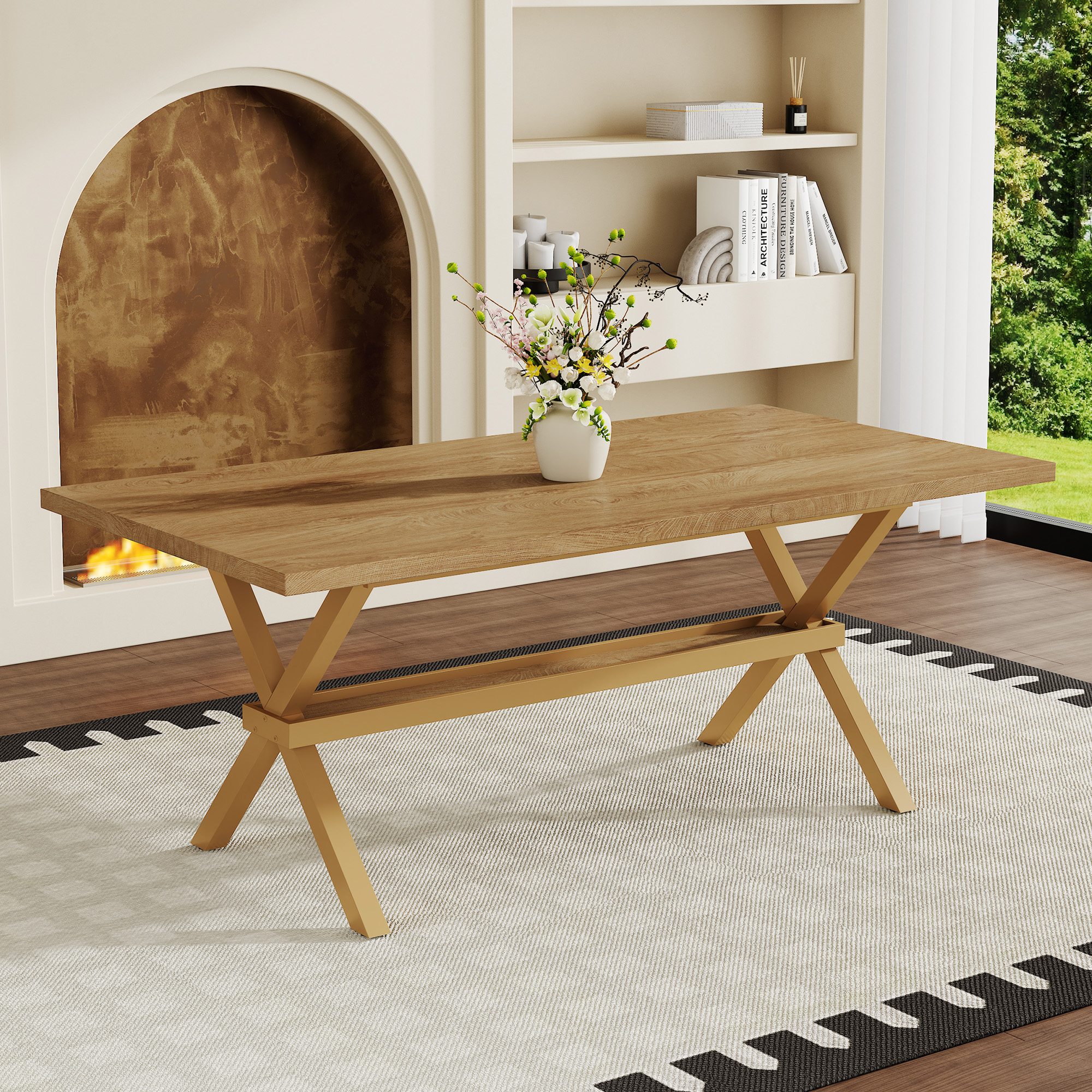71   35.4 Inch Wood MDF Splicing Desktop, Light Wood MDF Splicing Desktop, Wood Sprayed Metal X-shaped Bracket Dining Table. The Modern Minimalist Restaurant Table Can Accommodate 6-8 People.