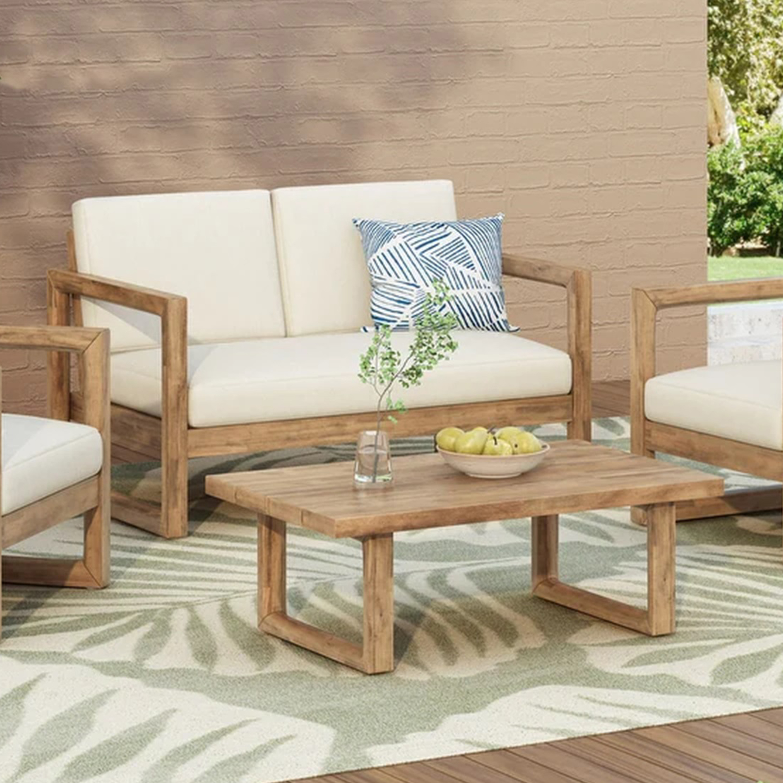 Set de loveseat y mesa de centro de madera de acacia para exterior con cojines, beige
