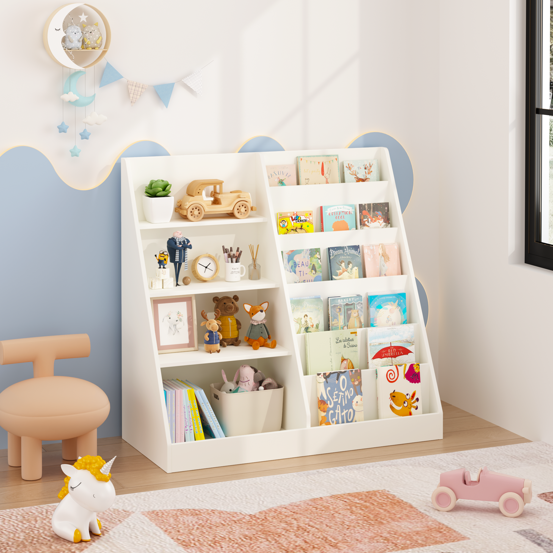 Estantería y organizador de juguetes para niños, de madera, 4 niveles, blanco