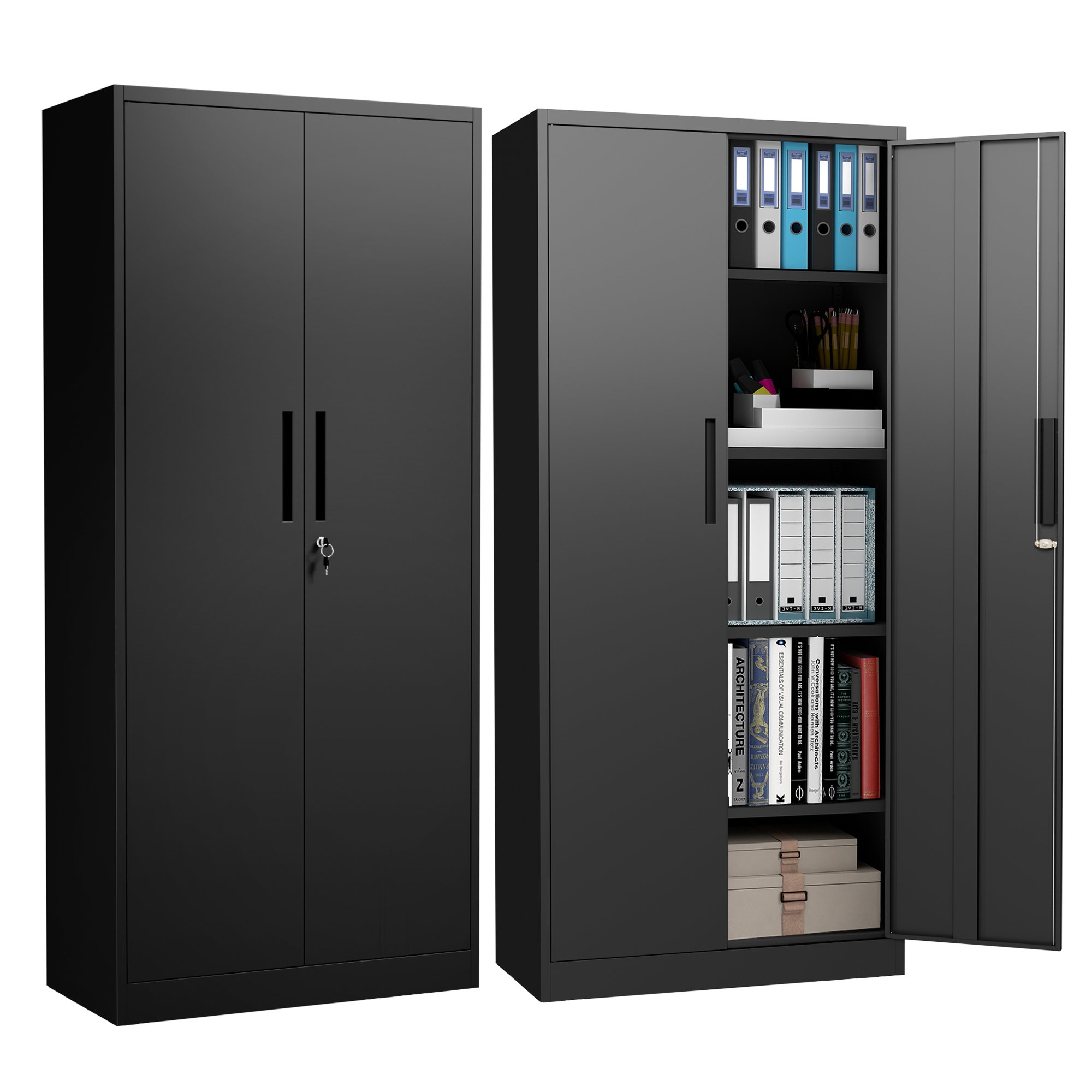 72H Metal Garage Storage Cabinet, Black Tool Steel Locking Cabinet With Doors And 4 Shelves, Tall Cabinets For Garage Storage Systems Lockable File Cabinet For Home Office, Classroom Pantry