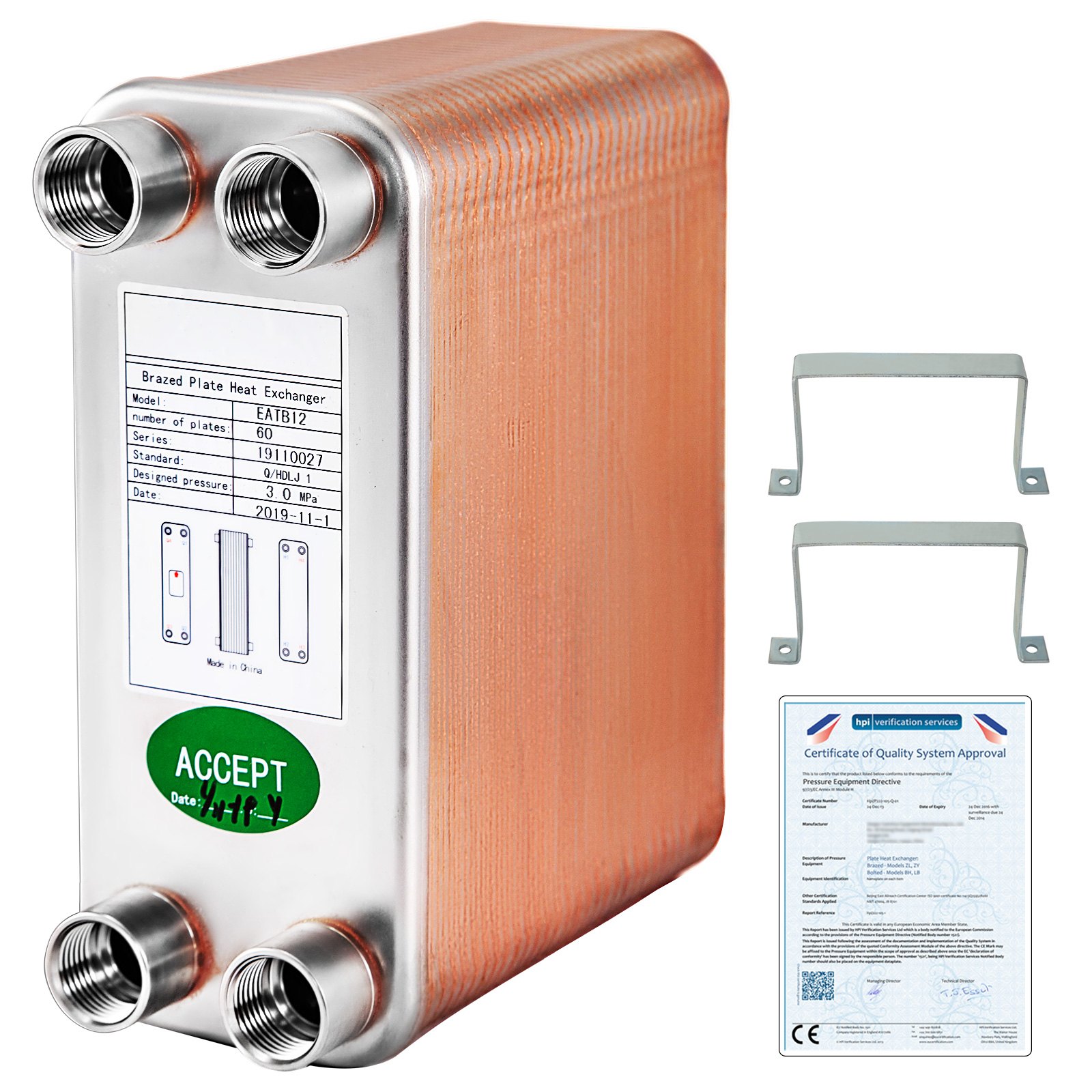 Heat Exchanger 3\"x7.5\" 60 Plates Brazed Plate Heat Exchanger 316L 1/2\" BSP FPT Heat Exchanger EATB12 Beer Wort Chiller For Hydronic Heating