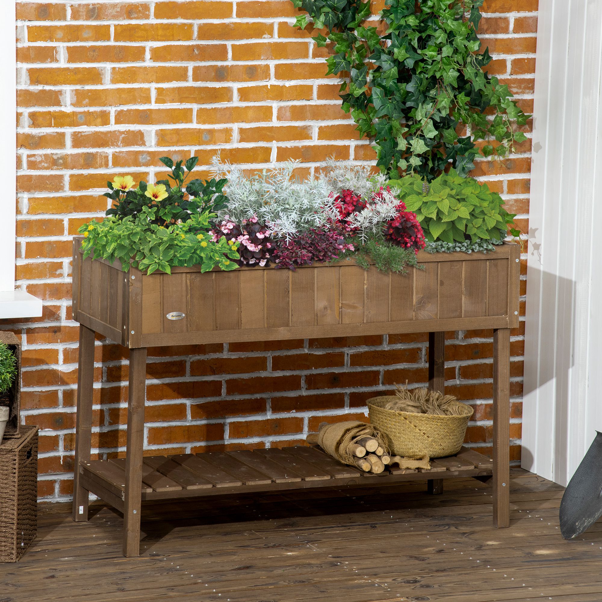 Cama de jardín elevada de madera con 8 ranuras y estante abierto, marrón oscuro