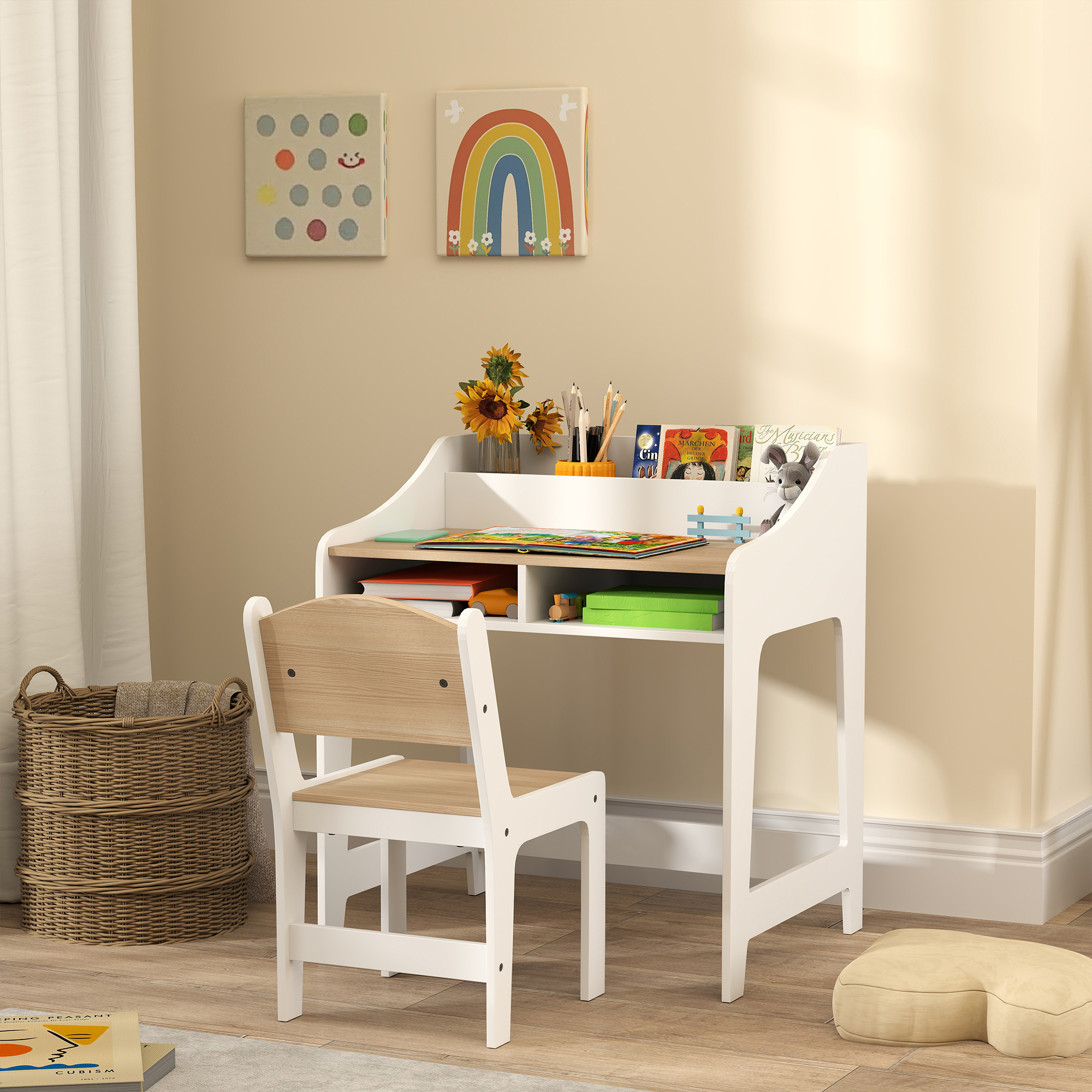 Juego de escritorio y silla para niños con almacenamiento y estantes, madera natural