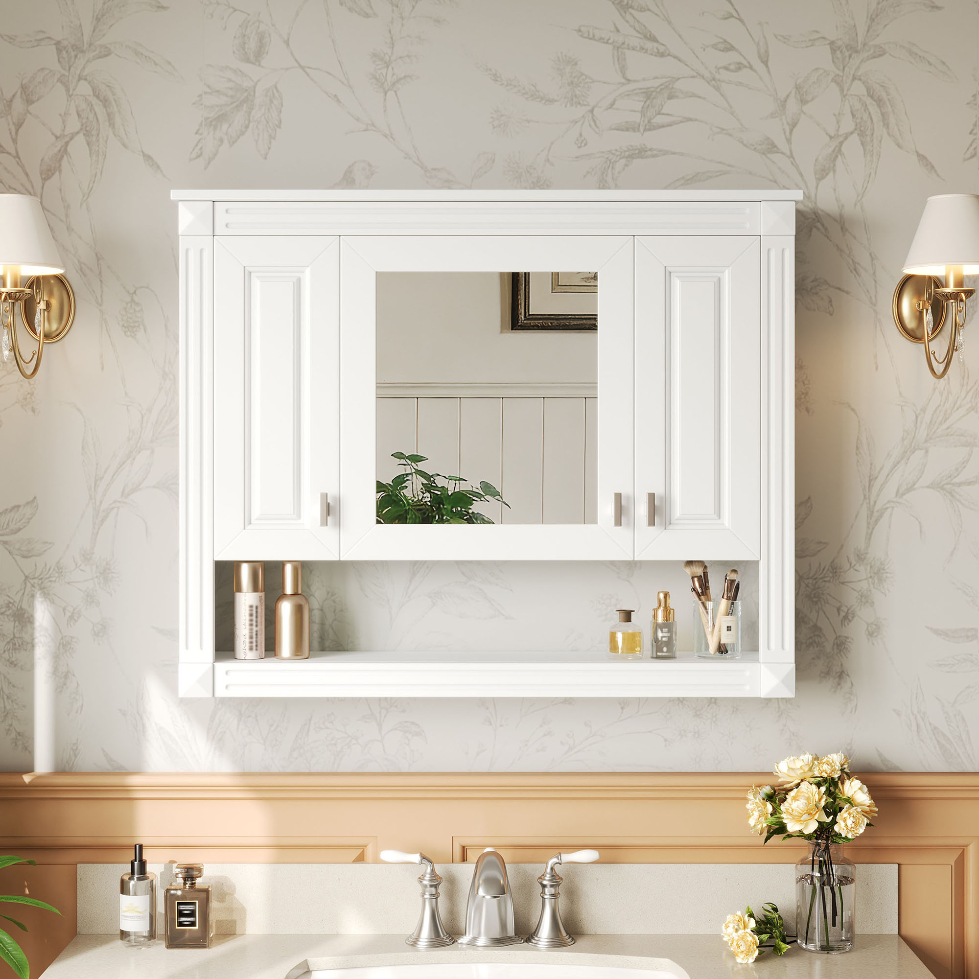 Gabinete de pared para baño de 35 pulgadas con espejo, estante abierto, blanco.