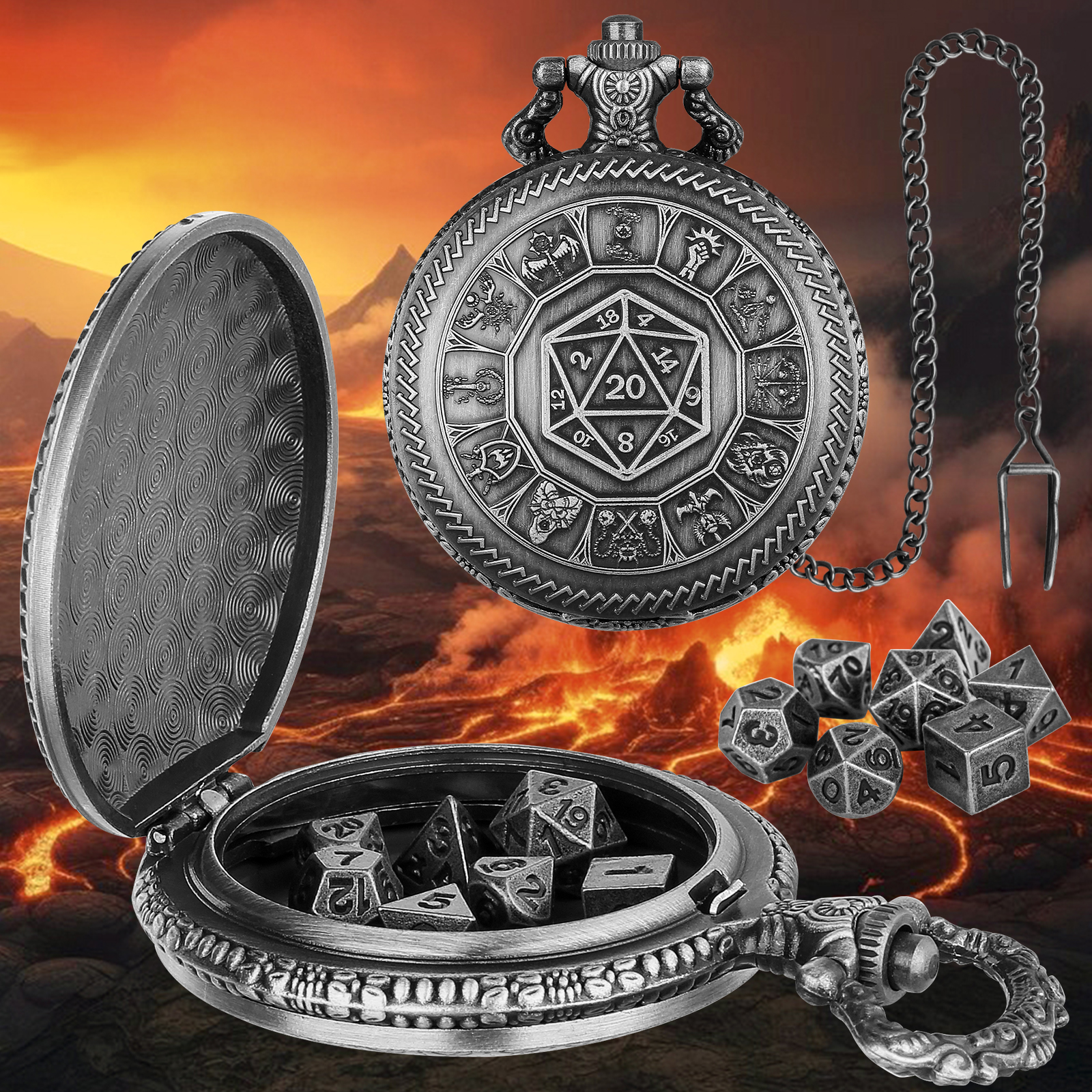 Set de Dados de Metal Retro Creativo con Estuche Steampunk y 7 Dados Poliédricos DND