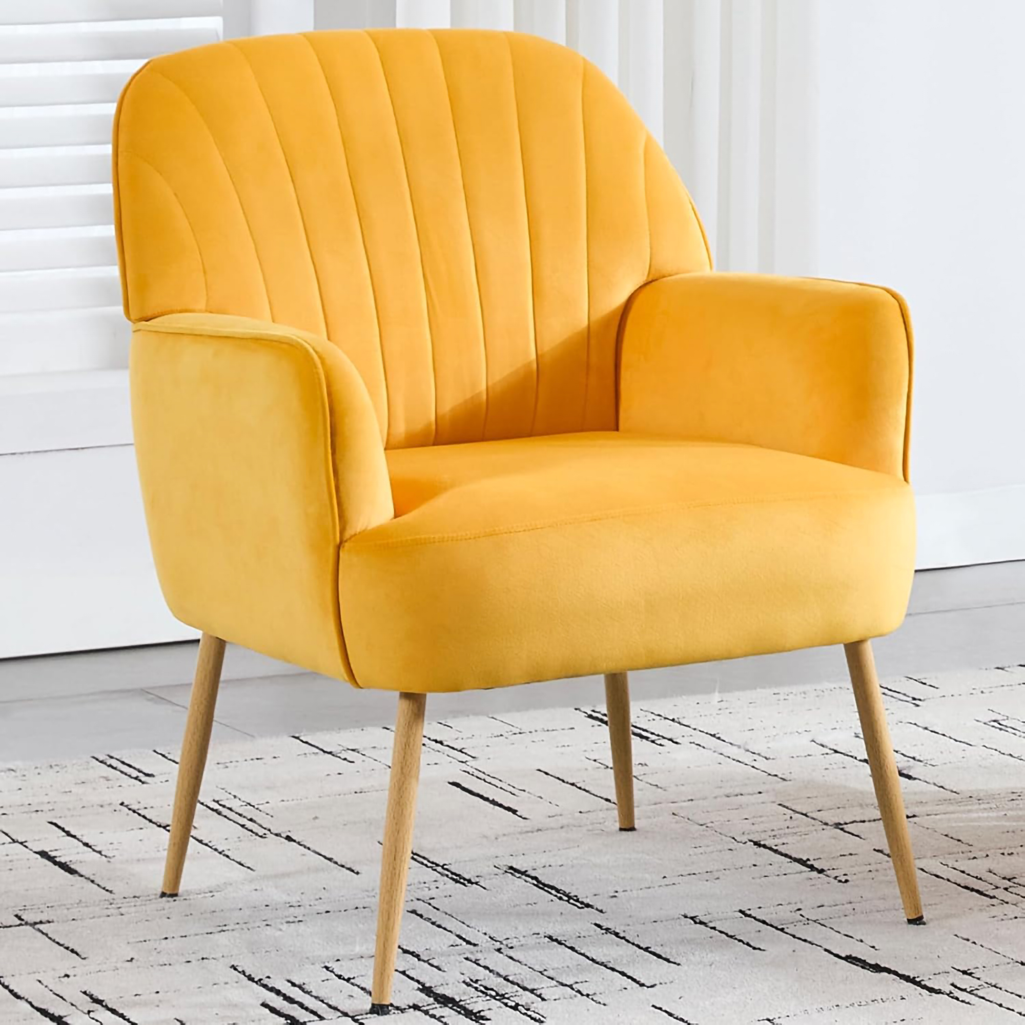 Velvet Accent Chair, Modern Upholstered Living Room Chairs, Luxury Single Sofa Armchair with Metal Legs, Comfy Barrel Chairs for Living Room, Waiting Room, Bedroom, Office and Cafe, Yellow