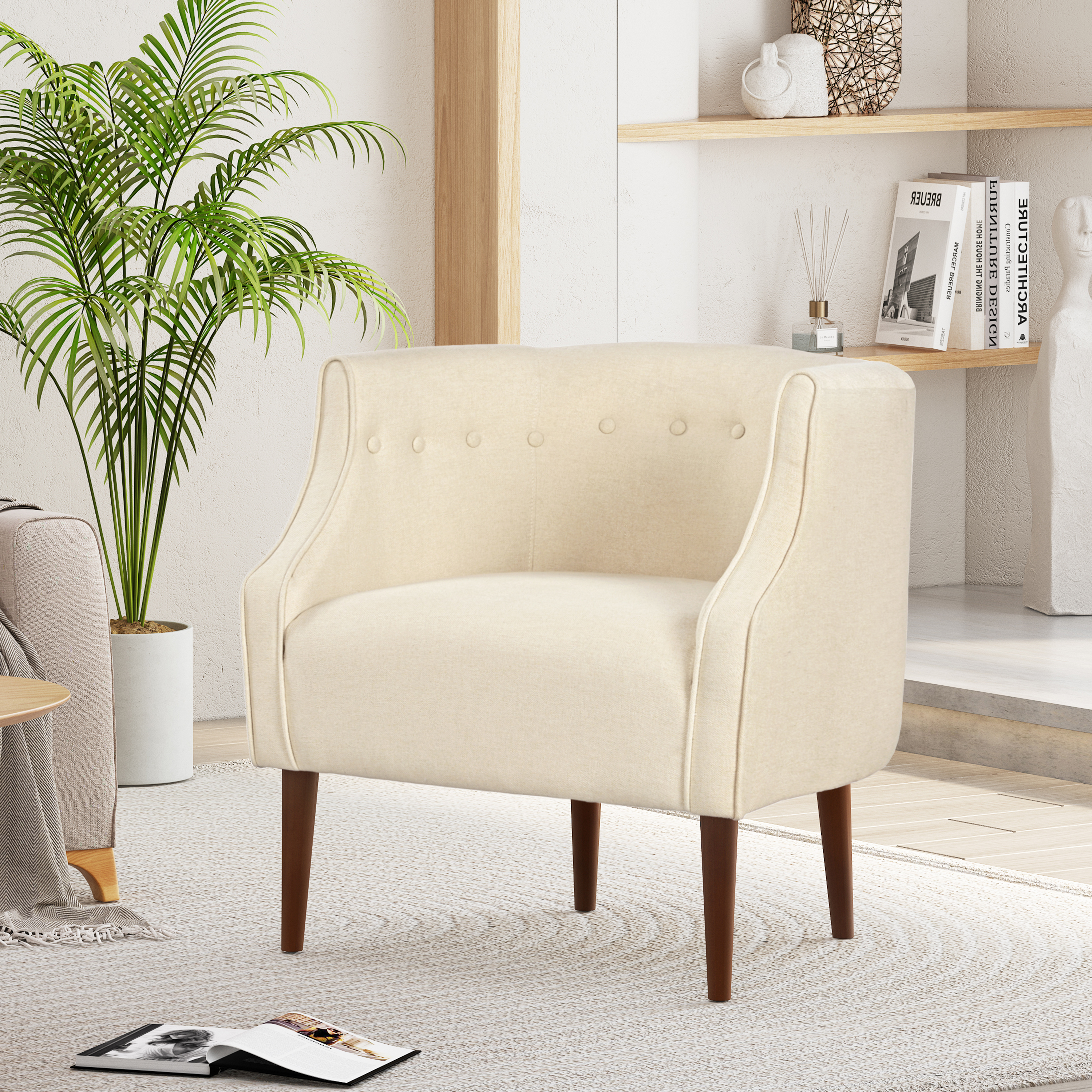 Modern Club Chair With Button-Tufted Back & Tonal Piping -Contemporary Upholstered Tub Chair With Sturdy Birch Wood Legs, Mid-Century Accent Chair For Living Room, Bedroom, Or Office