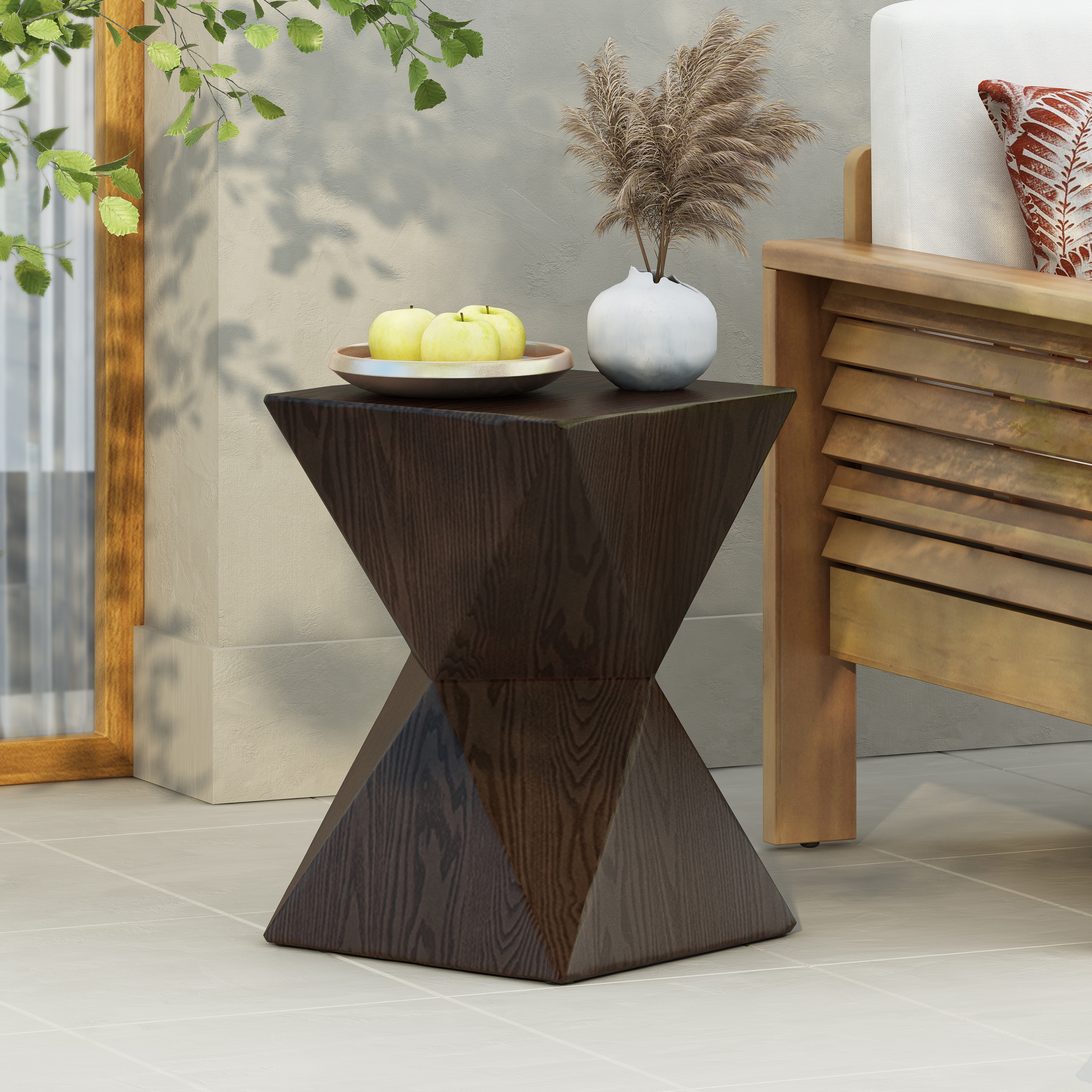 14.25  Natural Wood Grain Finish Prismatic Symmetry Concrete Outdoor Side Table With Symmetric Design  Weather-Resistant Accent For Patio, Garden, Or Balcony