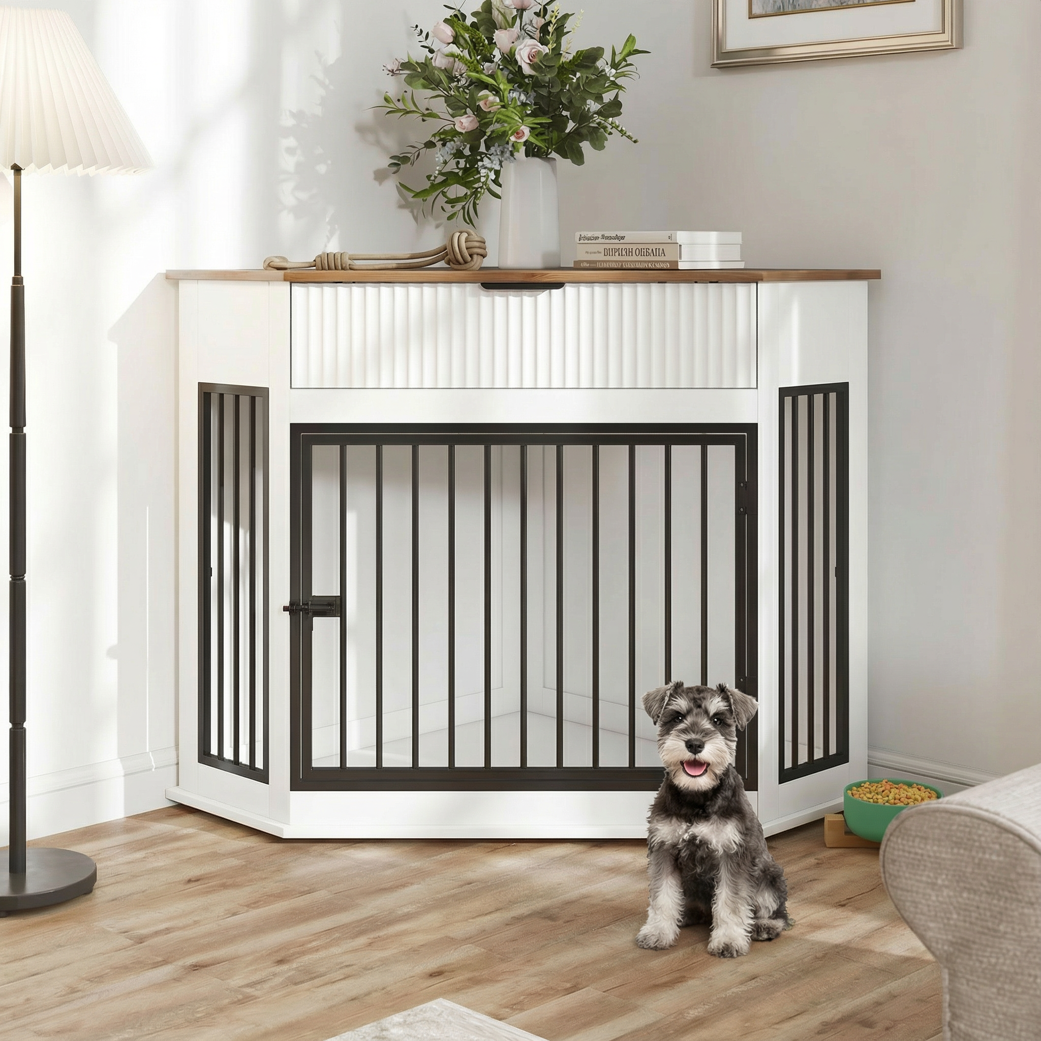 Mueble esquinero para perros de MDF con cajón acanalado, jaula decorativa, blanco