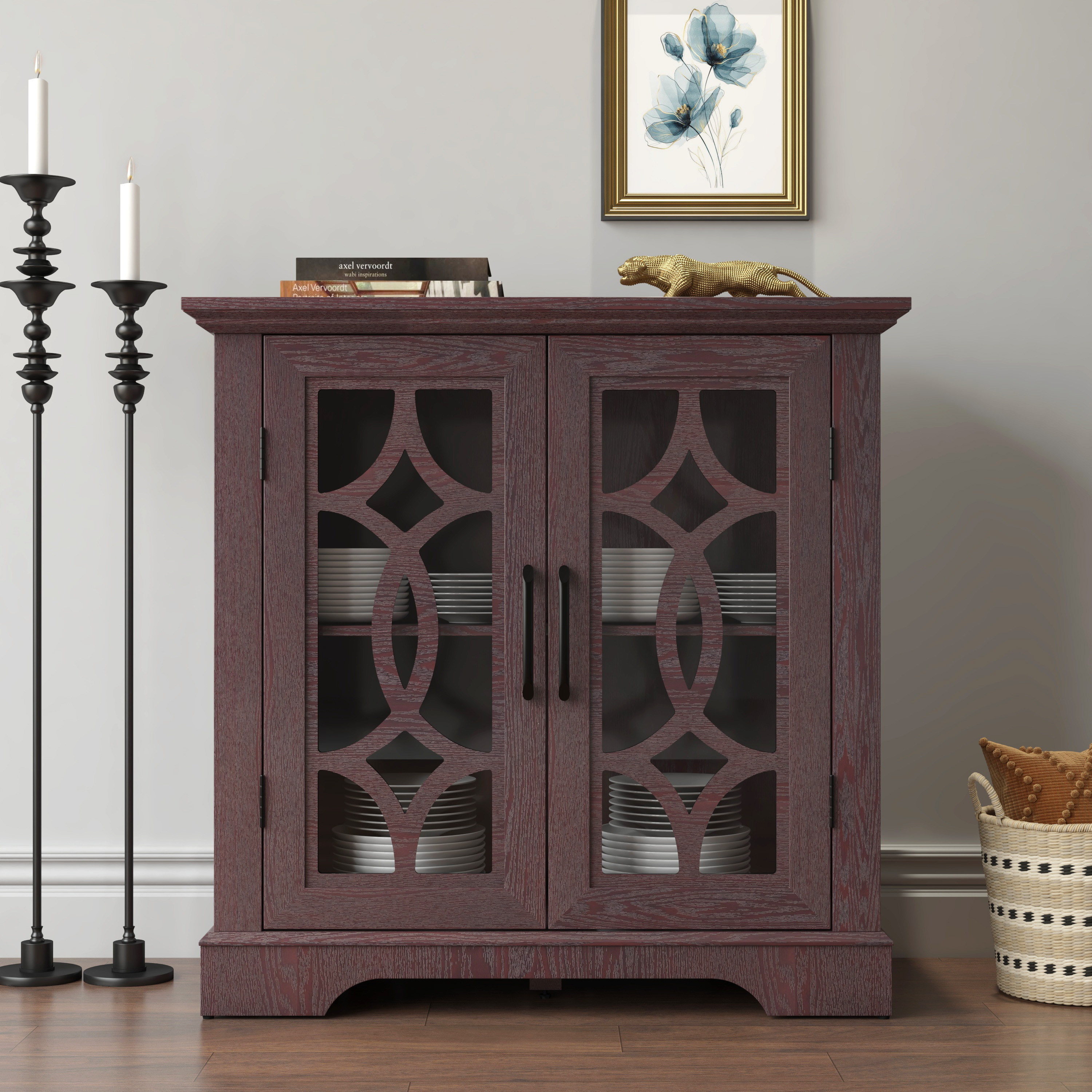 34.37 X 15.55 X 34.06in Spacious Size Sideboard 2 Clear Tempered Glass Doors Buffet With Adjustable Shelf, MDF With Dark RED Decorative Laminates Storage Cabinet For Dinning Room, Kitchen,living Room