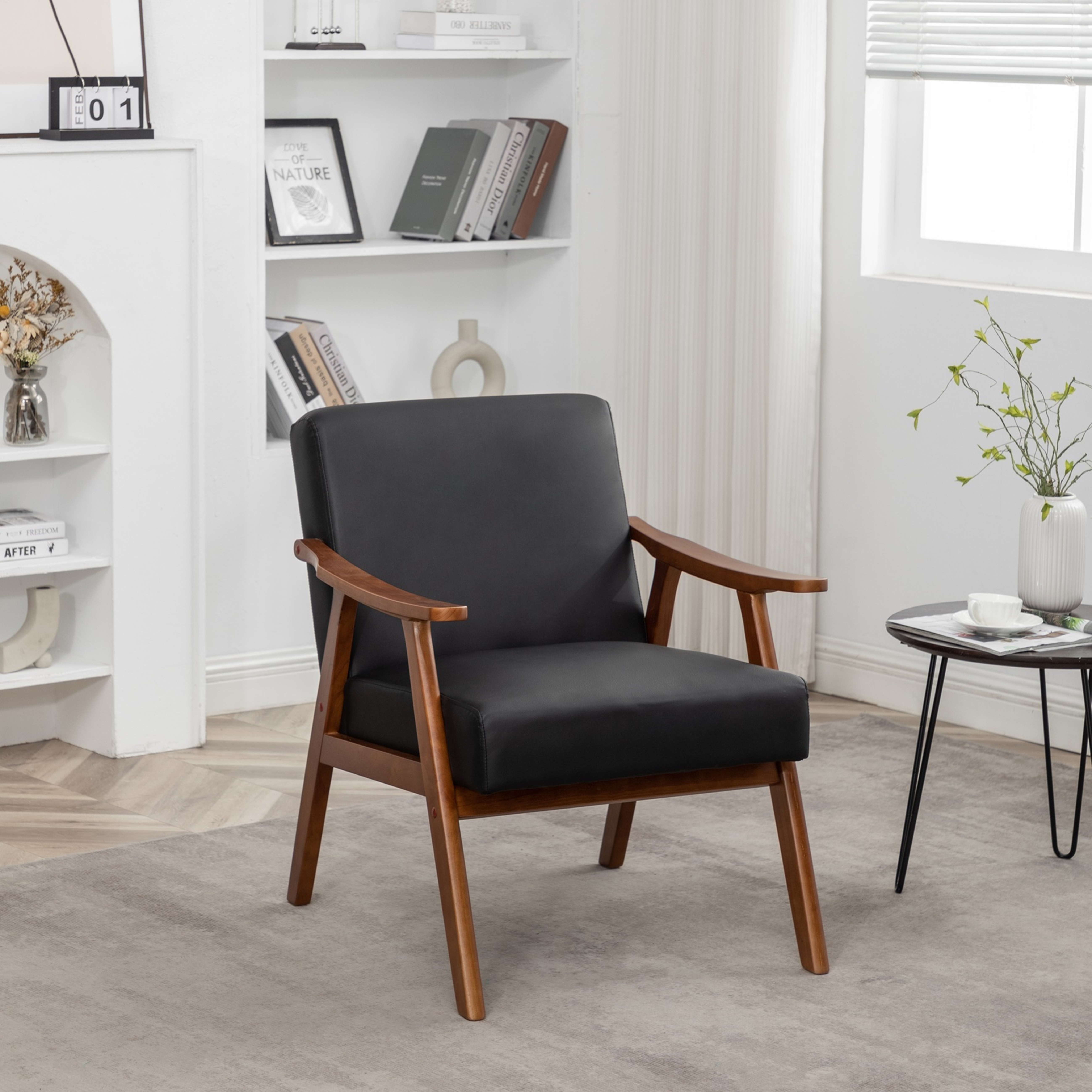Accent Chair With Microfiber Upholstery And Solid Wood Frame, Classic Mid-Century Modern Living Room Furniture For Extra Seating, Black PU PVC