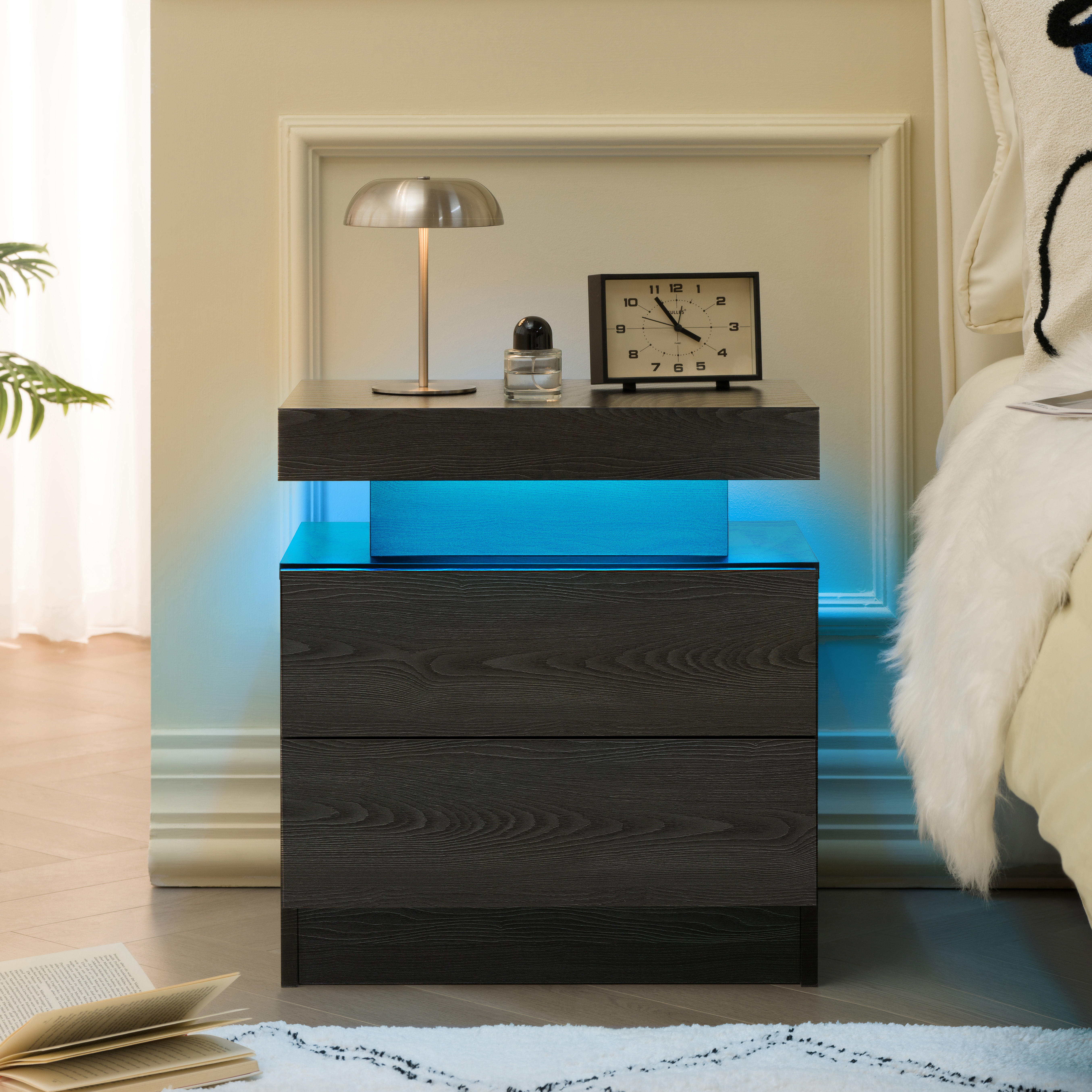 Nightstand LED Bedside Table Cabinet Lights Modern End Side With 2 Drawers For Bedroom Black Woodgrain