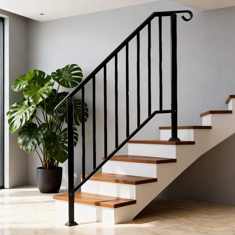 4 Step Galvanized Steel Hand Rails For Outdoor Steps  Curved Ends And Safety Balusters Exterior Railing For Porch, Deck, Or Indoor Stairs, Complete Installation Kit