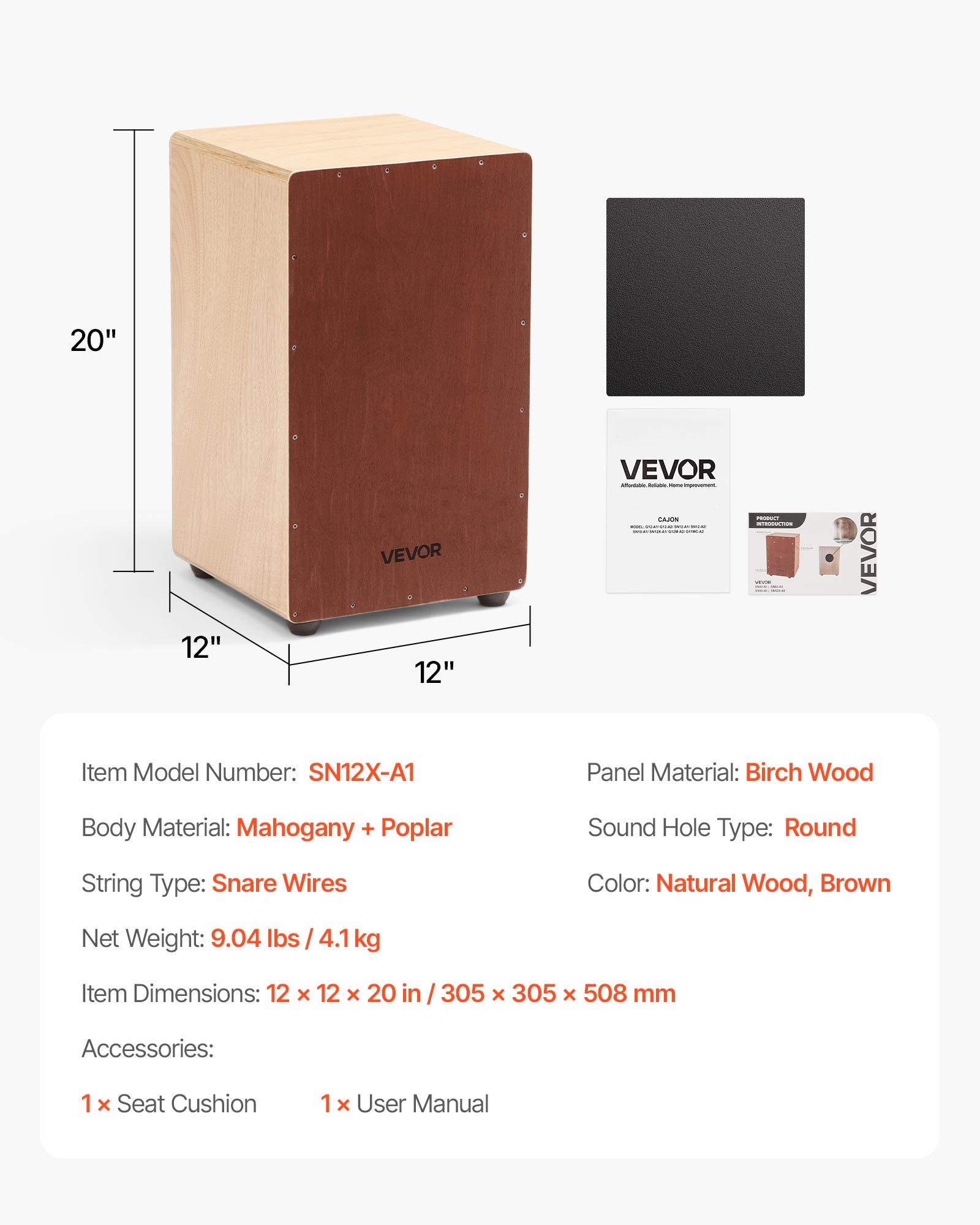 Cajón de percusión grande de madera de abedul con cuerdas de caja.