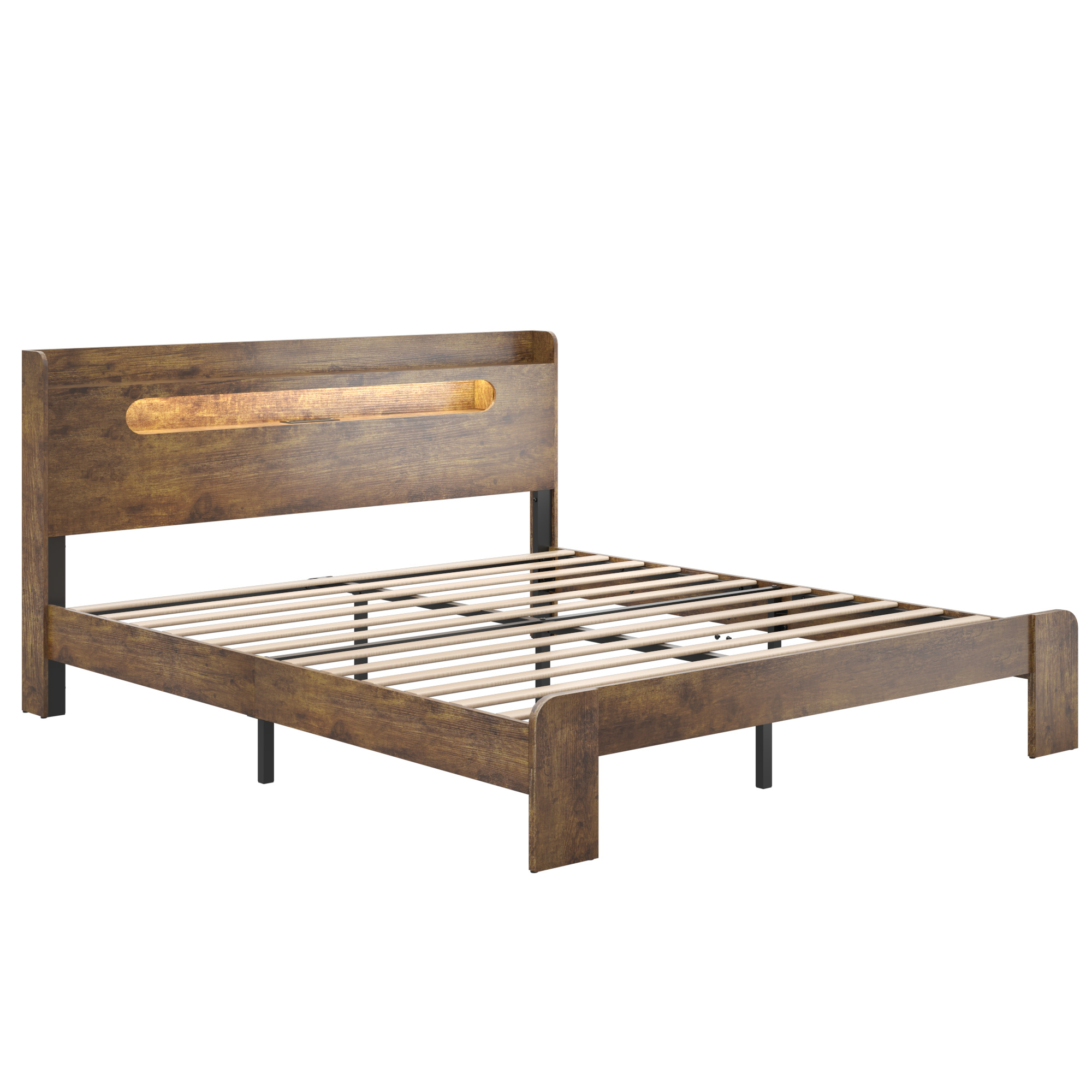 Base de cama King de madera con cabecera LED, 2 USB y almacenamiento, marrón oscuro
