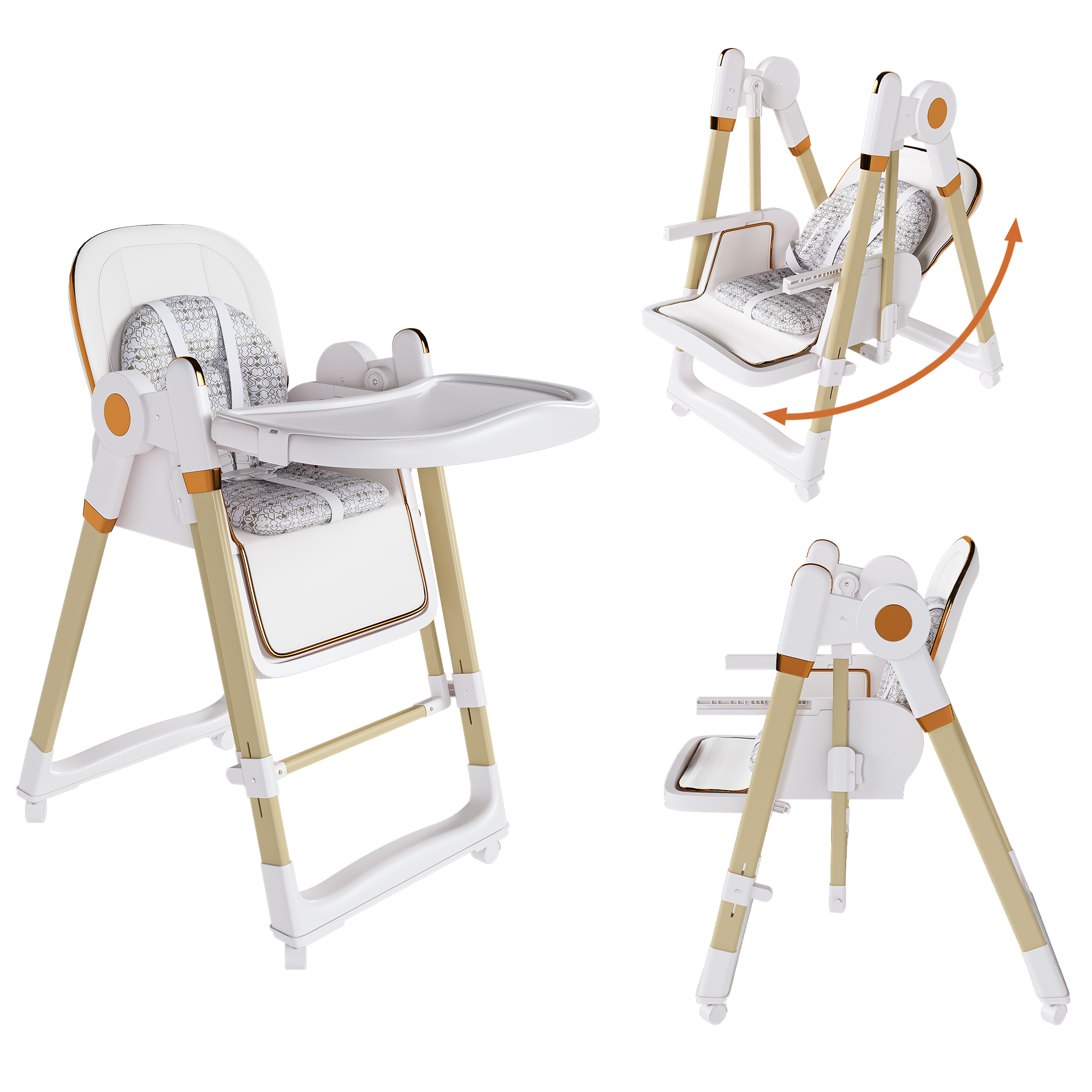 Silla alta convertible para bebé con arnés de 5 puntos y ruedas, blanca