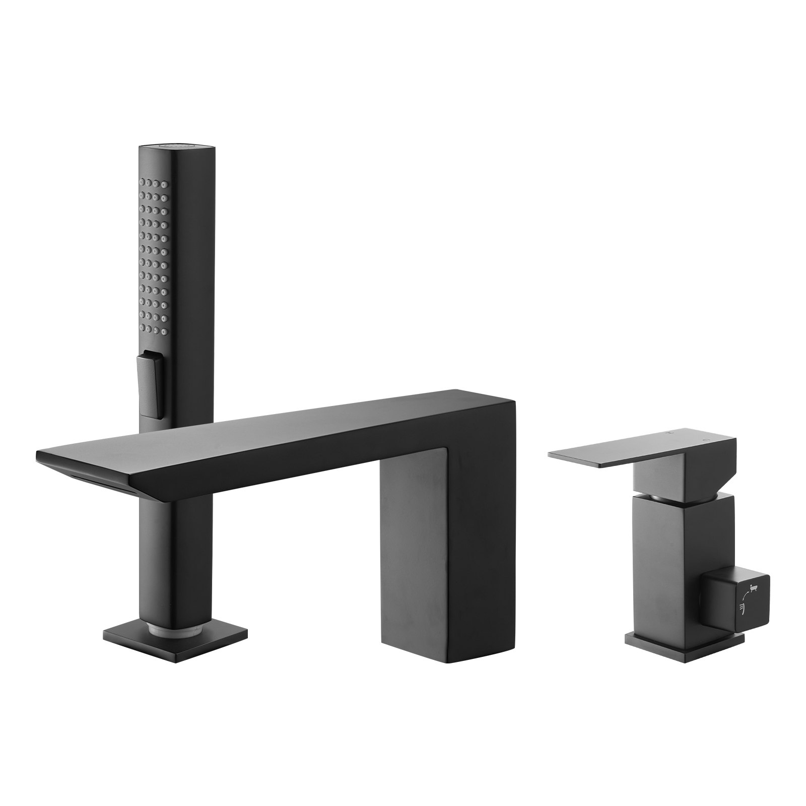 Grifo de bañera estilo romano cascada, 3 orificios, con ducha de mano, negro mate