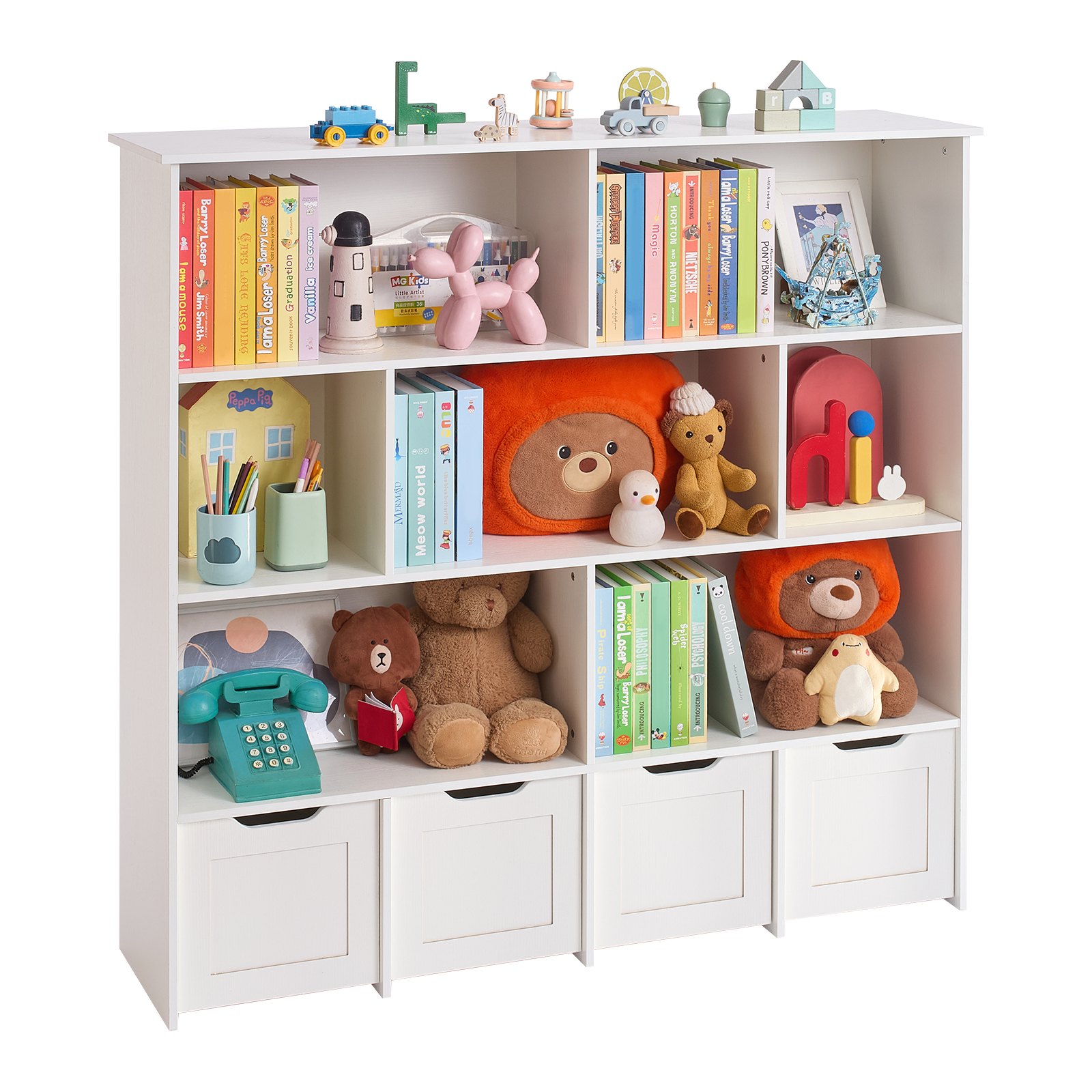 Organizador de juguetes de madera, estantería infantil con 4 cajones móviles, blanco.
