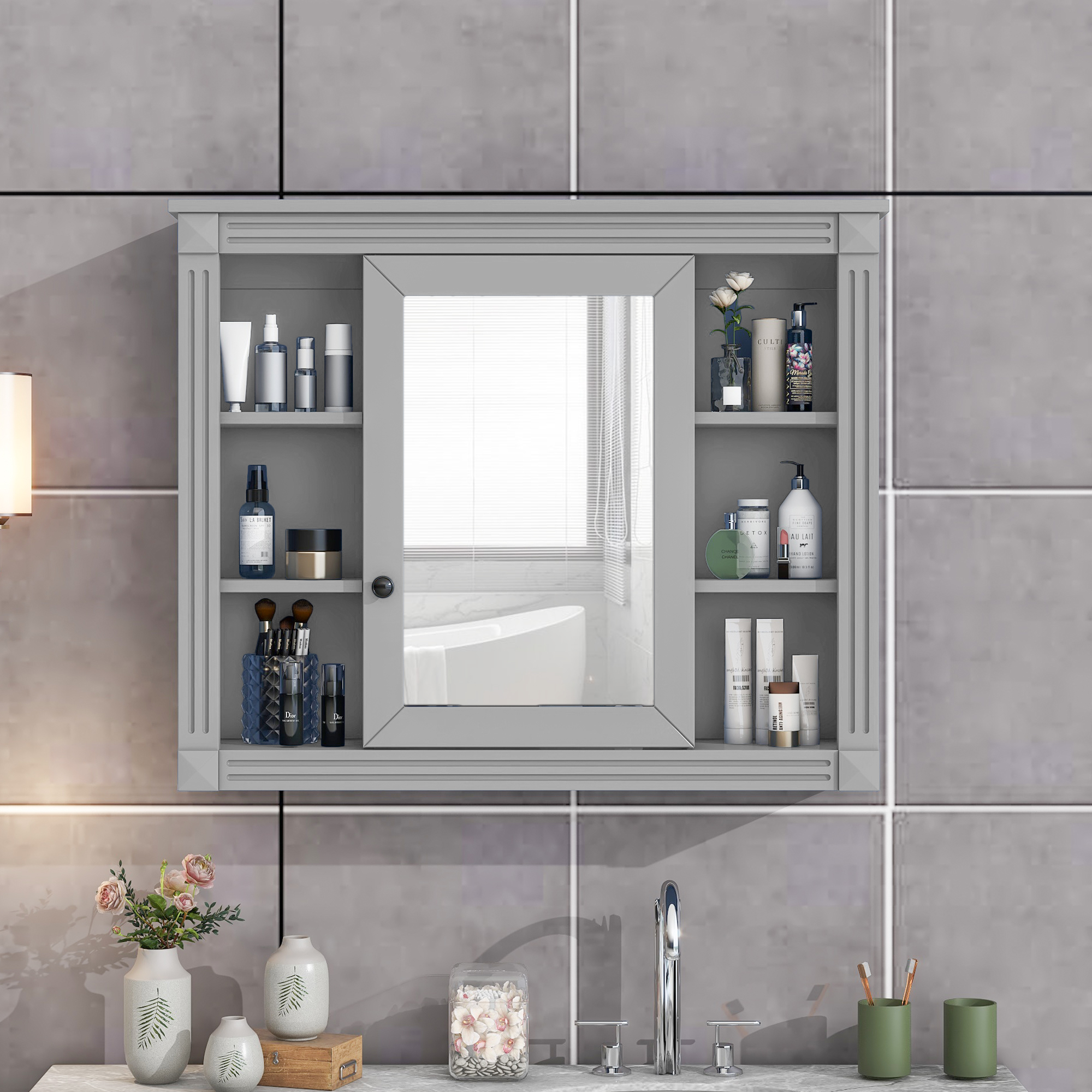 35   X 28   Wall Mounted Bathroom Storage Cabinet, Medicine Cabinet, Modern Bathroom Wall Cabinet With Mirror, Mirror Cabinet With 6 Open Shelves   Not Include Bathroom Vanity