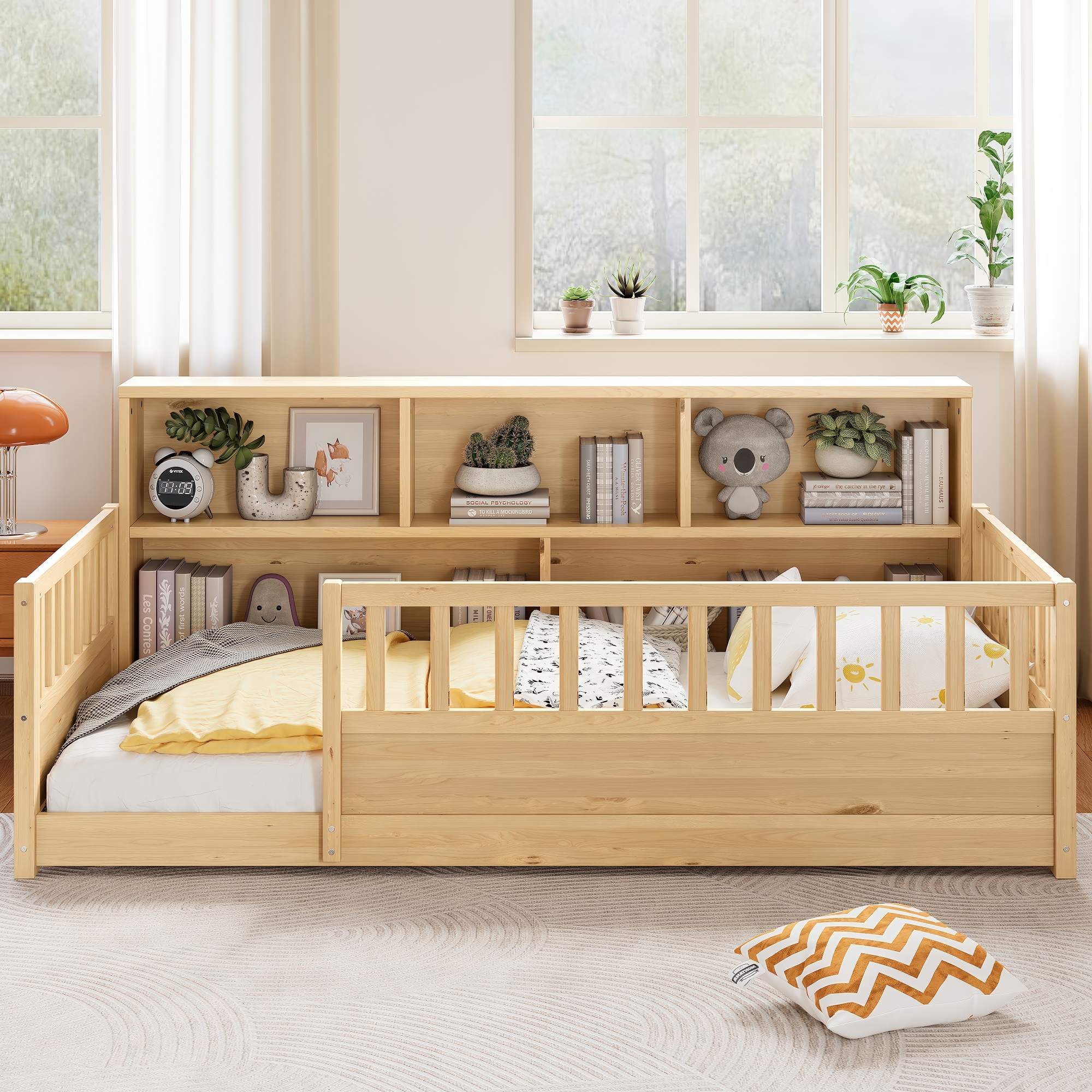 Cama de piso de madera tamaño individual, con barandilla y almacenamiento lateral.