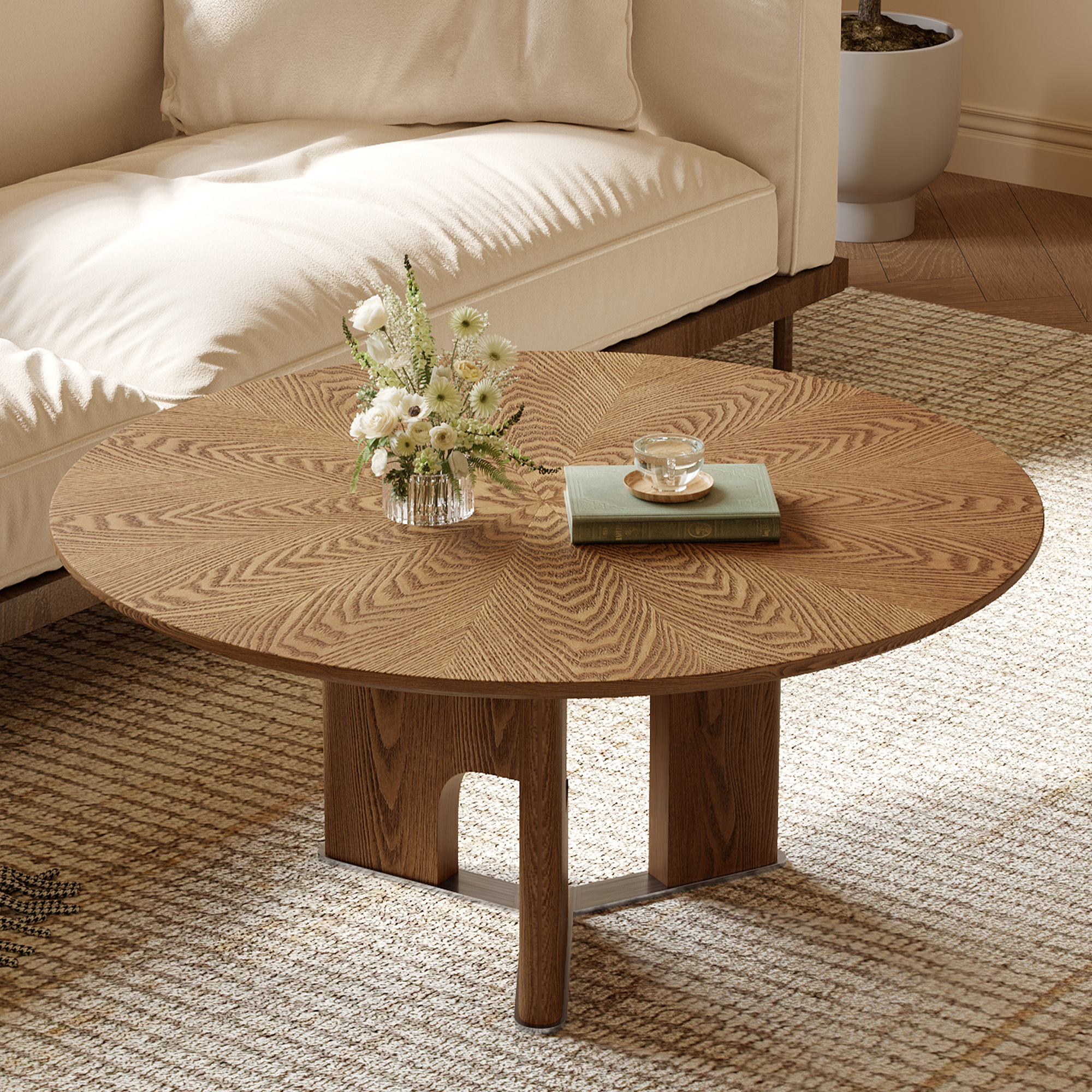 31.5 Inches Round Rustic Ash Wood Veneer Coffee Table For Small Living Room