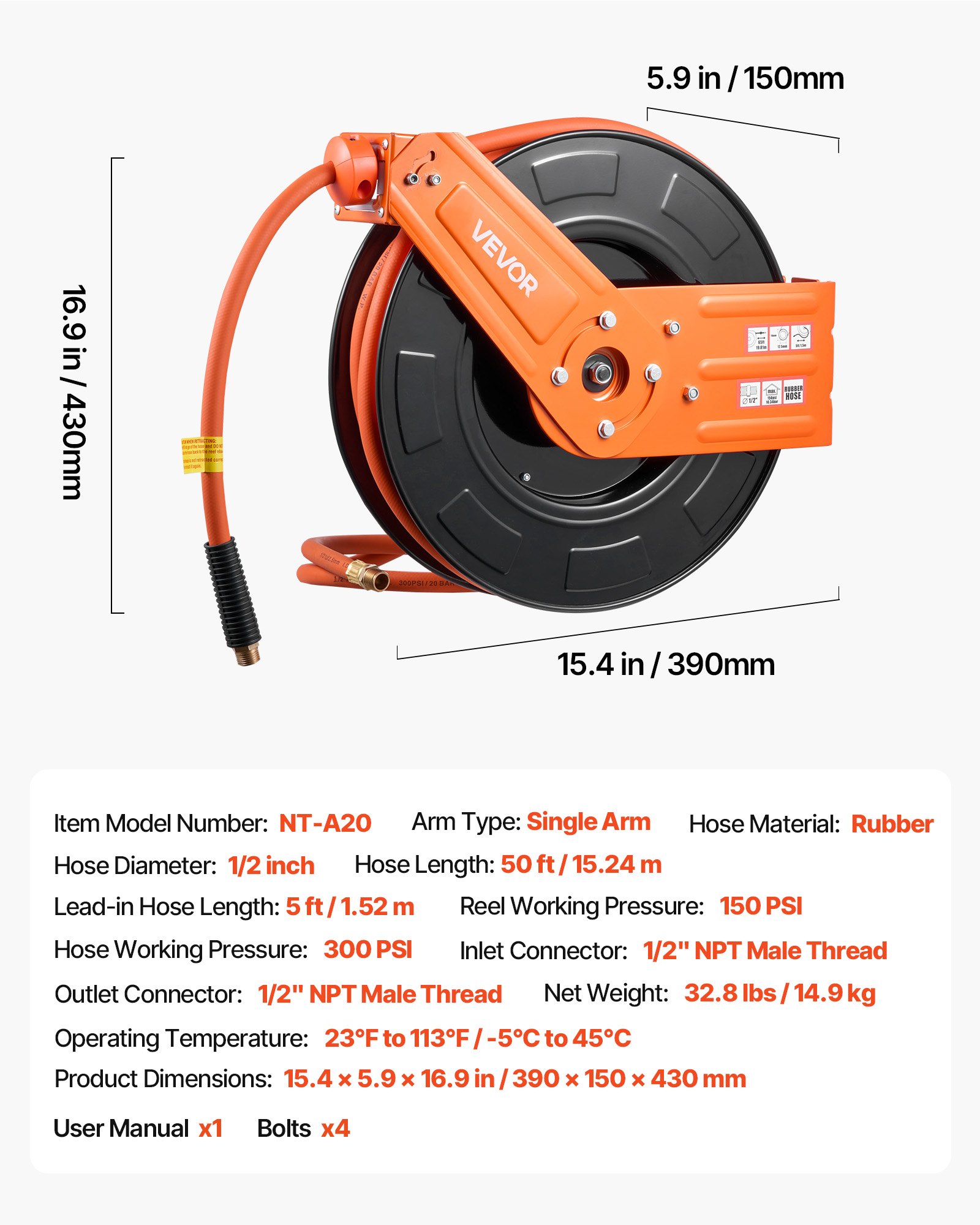 Retractable Air Hose Reel, 1/2 Inch X 50 FT Rubber Air Hose Max 300PSI, Auto Rewind Air-Compressor Hoses Reel With 5 Ft Lead In, Ceiling/Wall Mount For Garage Workshops