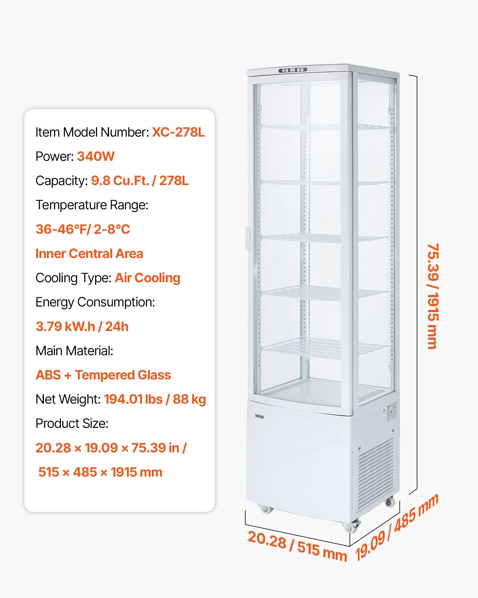 Vitrina refrigerada de 9.8 pies cúbicos / 278 L, 5 niveles, LED, enfriamiento TURBO.