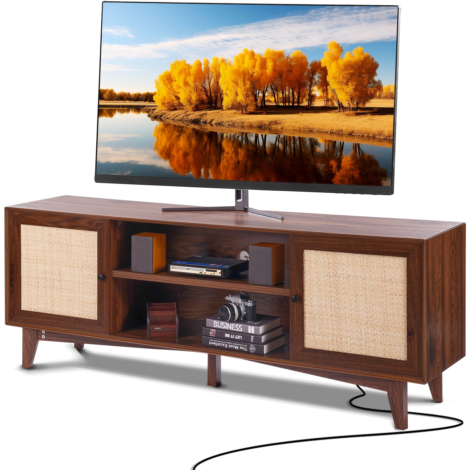 Mueble de TV de ratán para TV de 75 pulgadas, estilo boho, centro de entretenimiento, nogal