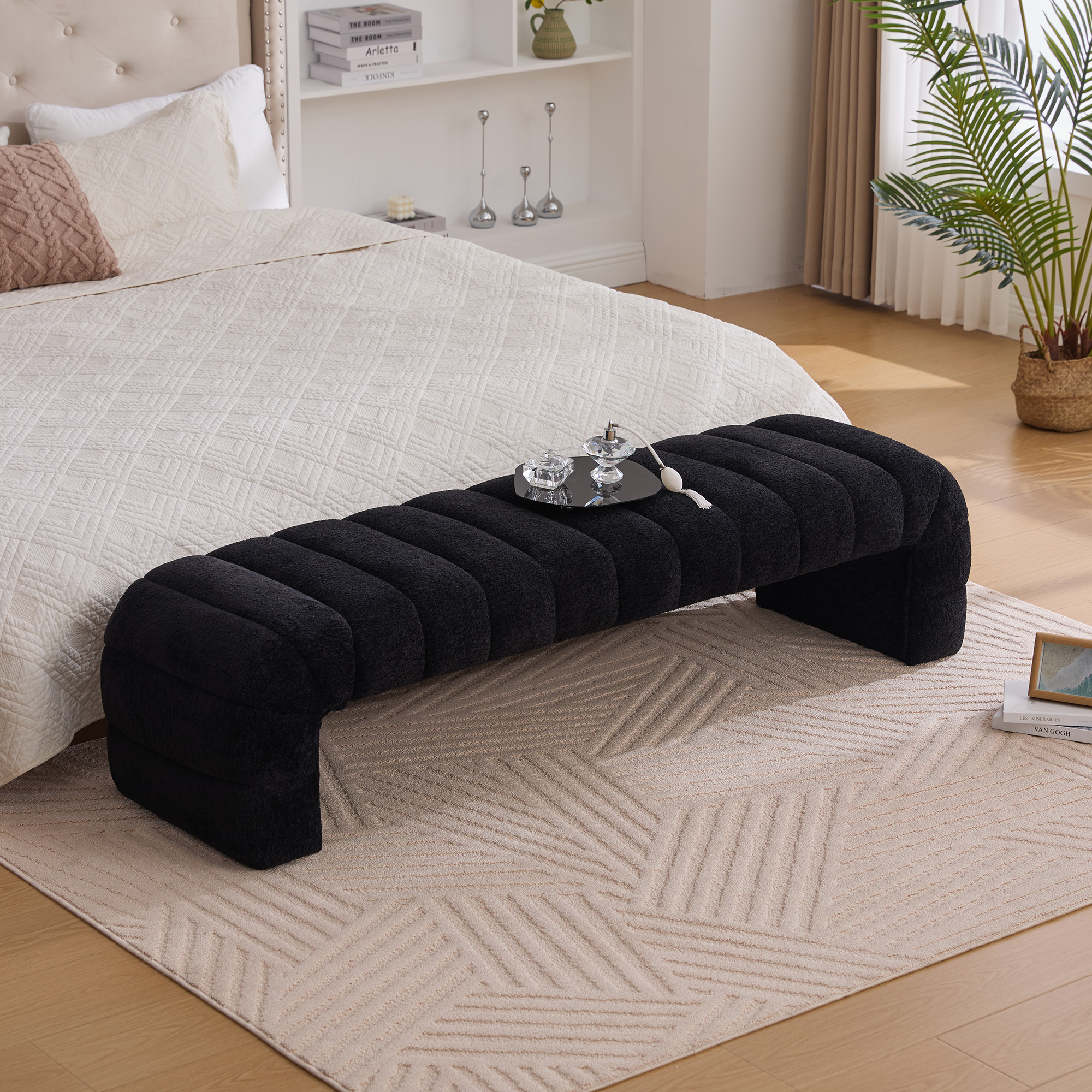 Banco de cama moderno tapizado sin brazos, 69.7 pulgadas de ancho, chenilla negra.