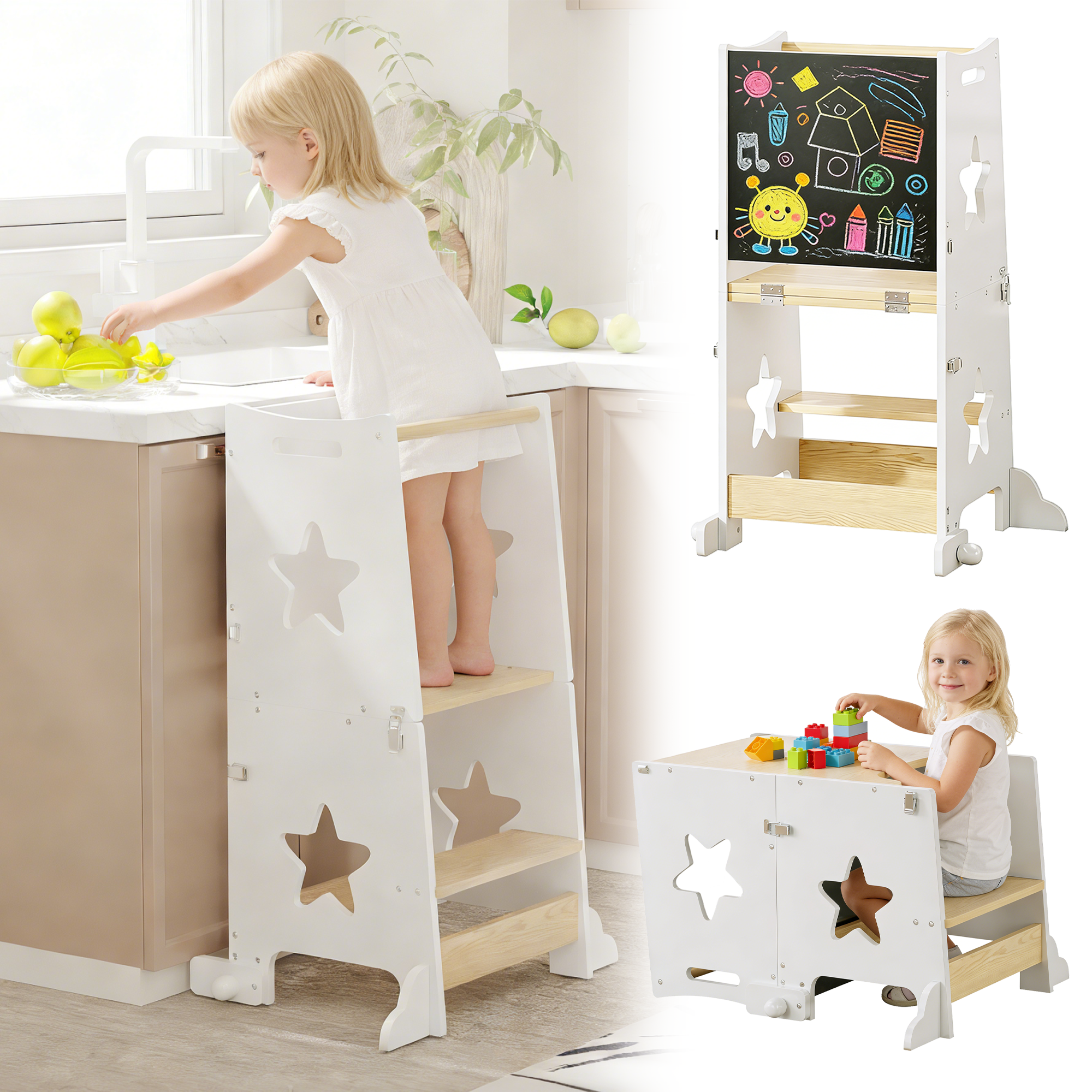 3-in-1 Toddler Kitchen Step Stool, Foldable Learning Standing Tower With Blackboard, Wooden Kitchen Stool Helper For Kids, 1-3 Year Old Boy Girl Gifts