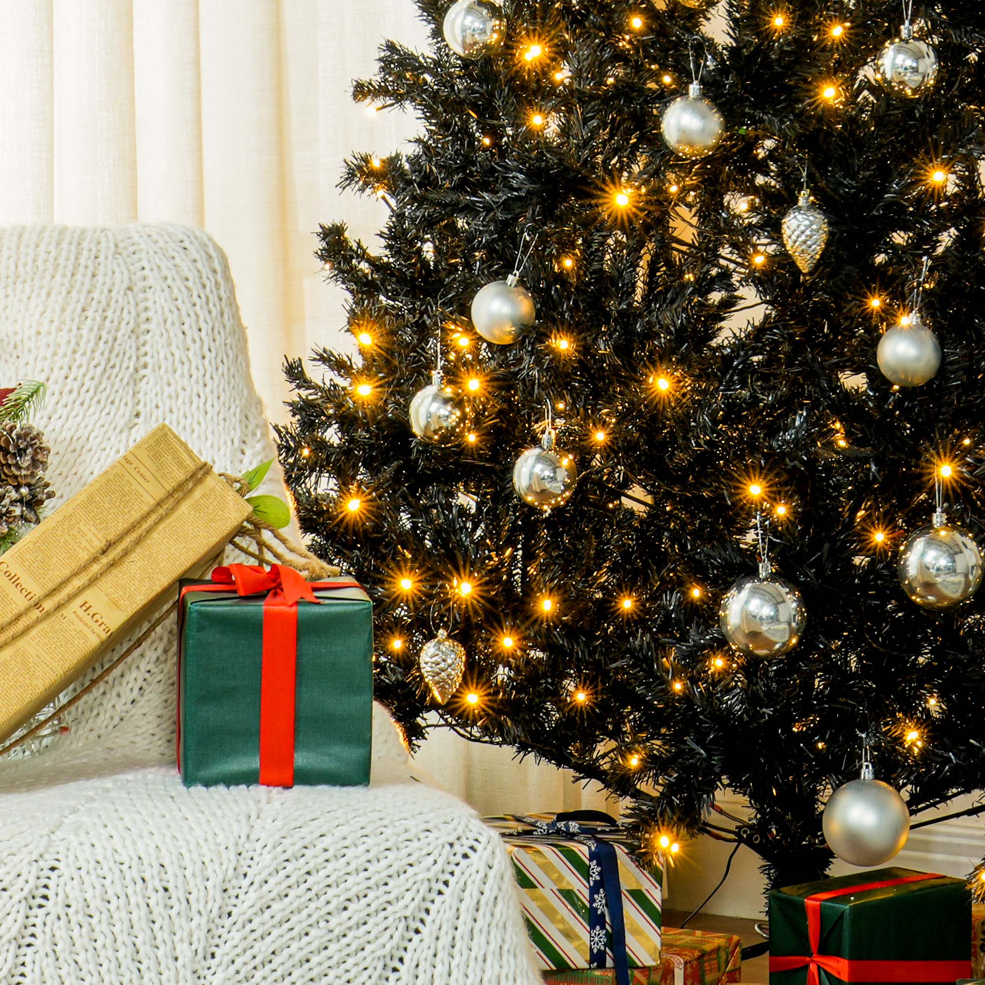 HOMCOM 7.5' Tall Prelit Christmas Tree Douglas Fir Artificial Christmas Tree With Realistic Branches, 500 Warm White LED Lights And 1346 Tips, Black