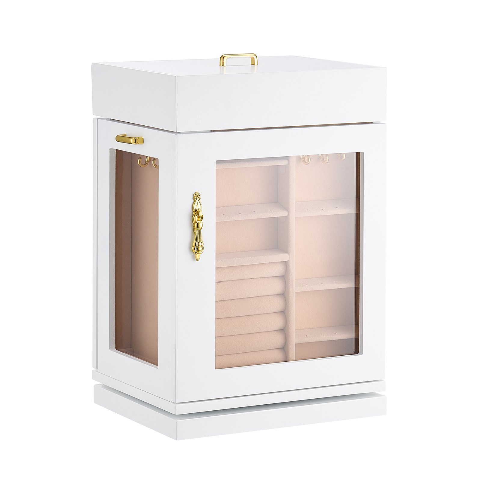 Jewelry Box, 360° Rotating Jewelry Organizer With Magnetic Door, Acrylic Window And Built-in 4 Necklace Hooks, Spacious Storage Case With Metal Handles, Bottom Pad And Soft Flannel Lining, White