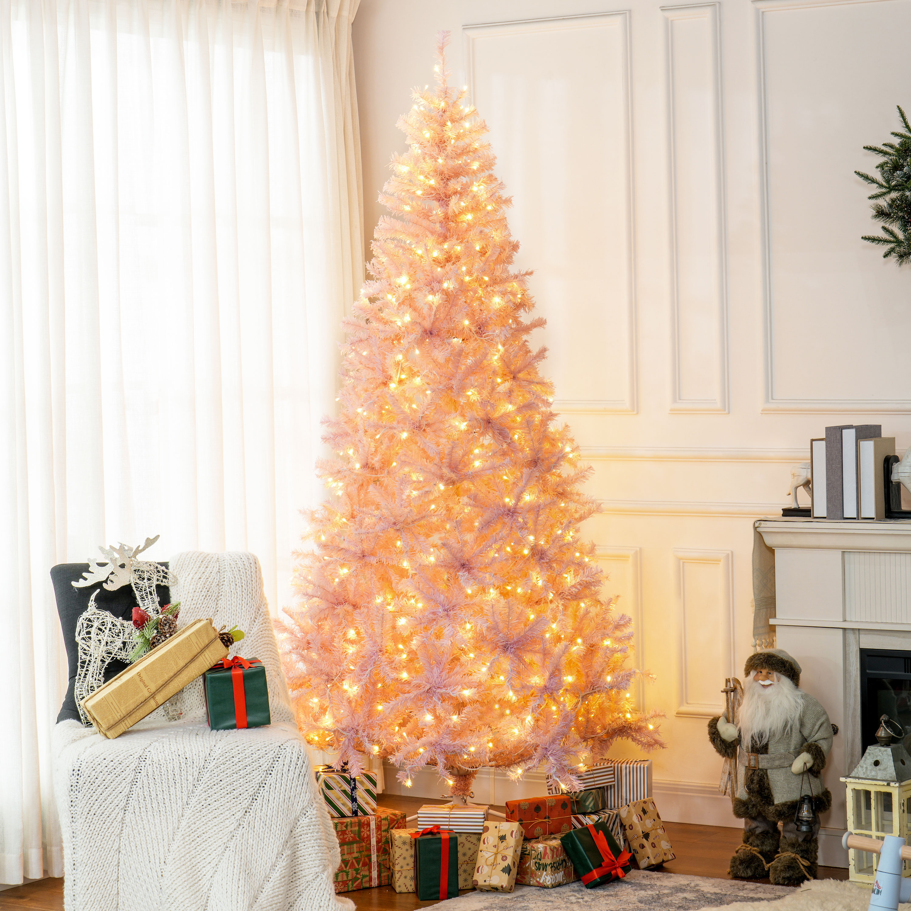 Árbol de Navidad artificial preiluminado, 7.5 pies, 500 luces LED blanco cálido, rosa