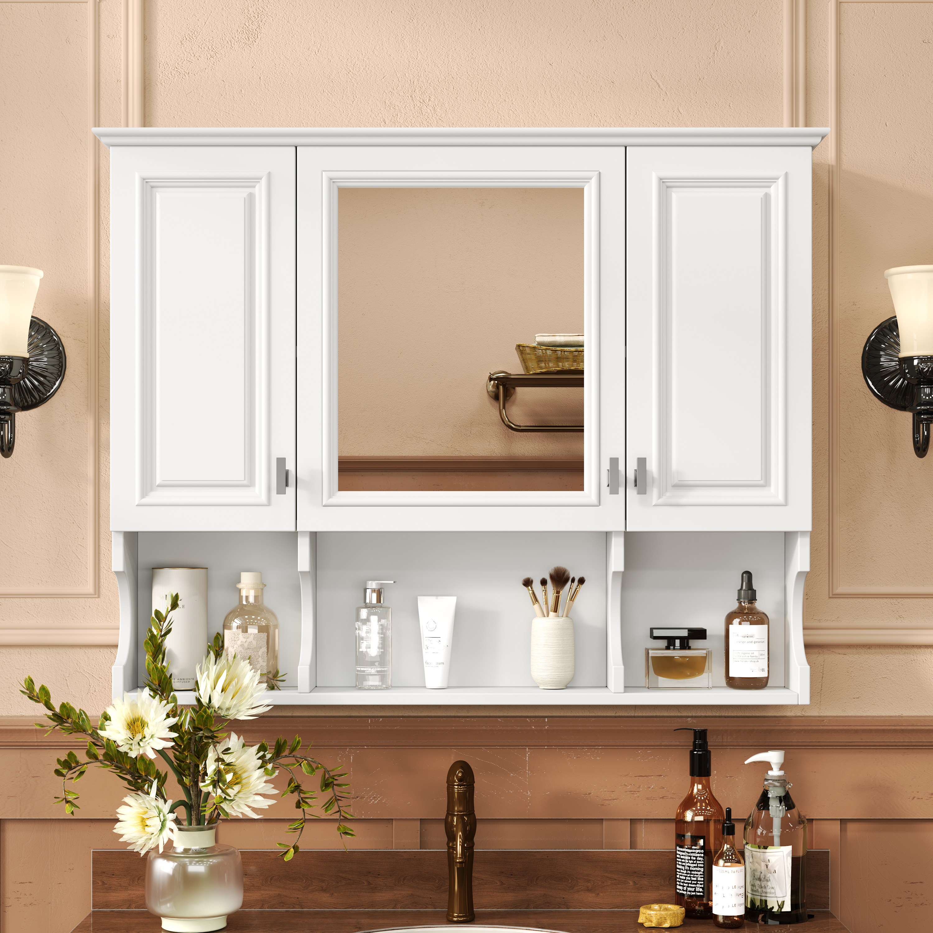 Gabinete de baño de pared moderno de 35 x 28 pulgadas con espejo y estantes abiertos.