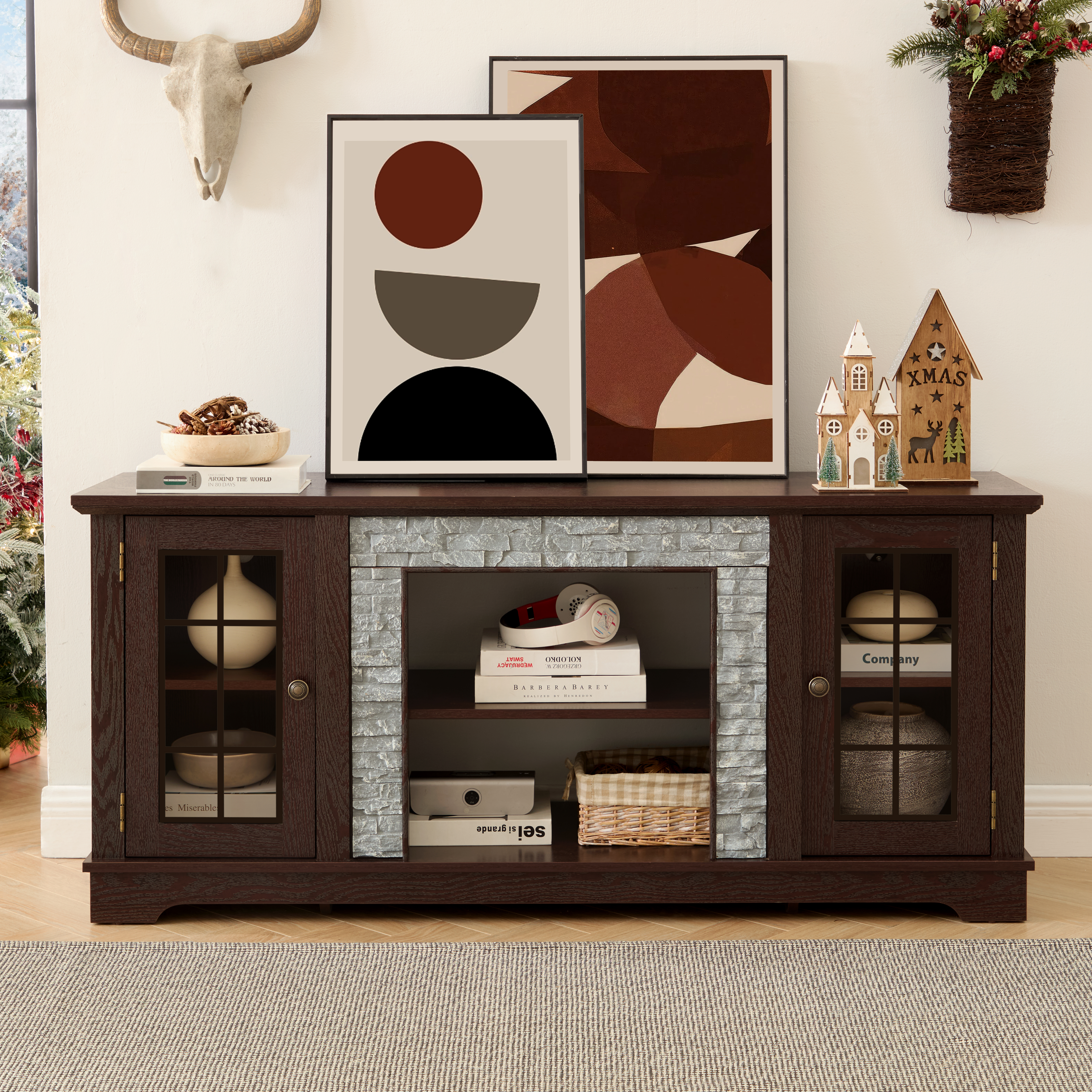 58  Modern TV Stand With 2-Door Storage, Faux Stone Media Console Cabinet, Cherry Large Entertainment Center For Living Room