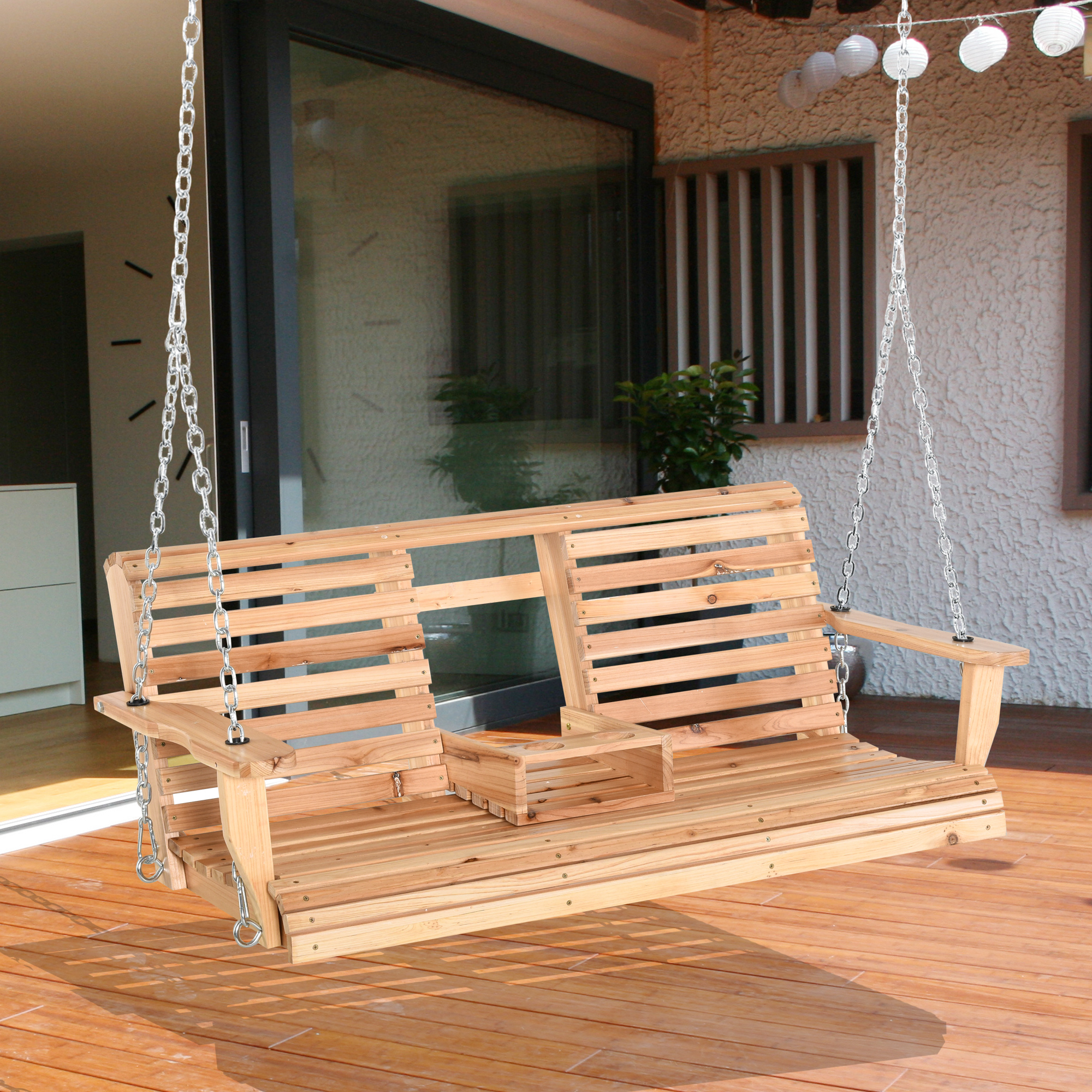 3-Seater Wooden Porch Swing, Patio Swing Bench with Folding Coffee Table, Cup Holders and Chains Included, 440lbs Weight Capacity, Natural