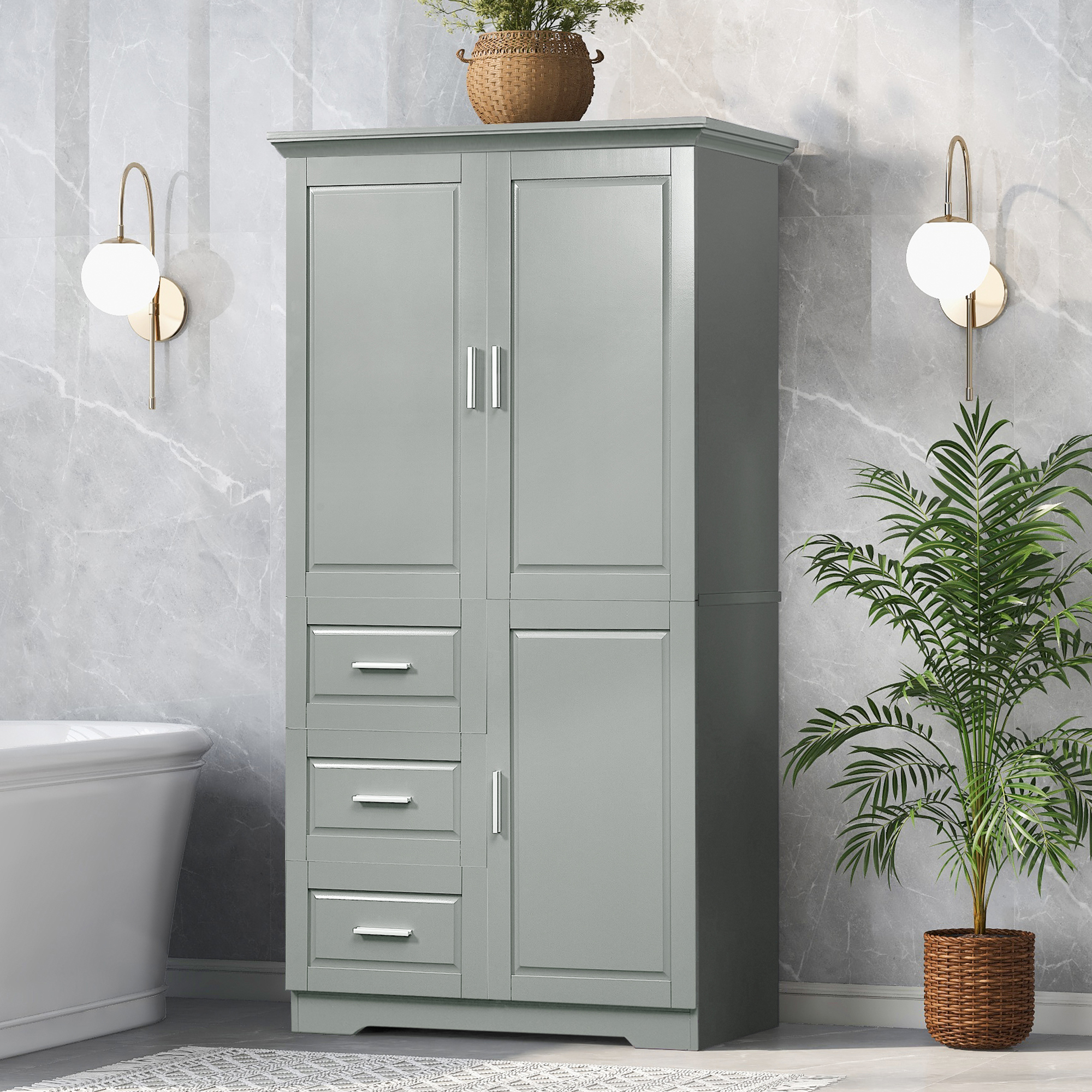 Gabinete de almacenamiento alto y ancho con puertas y tres cajones, gris WF299285AAG