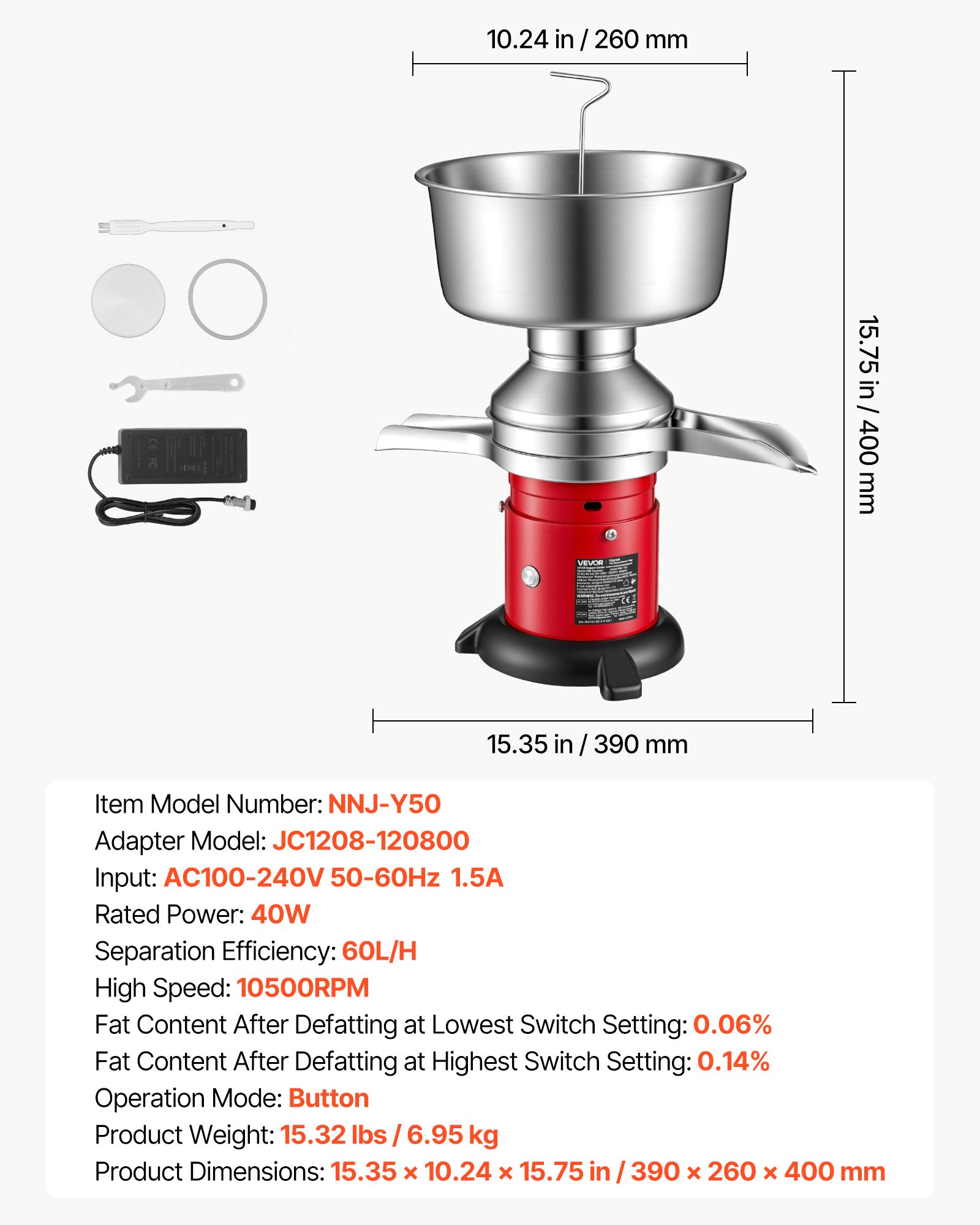 Separador de crema de leche eléctrico 60 L/h, 10500 RPM, acero inox. 304