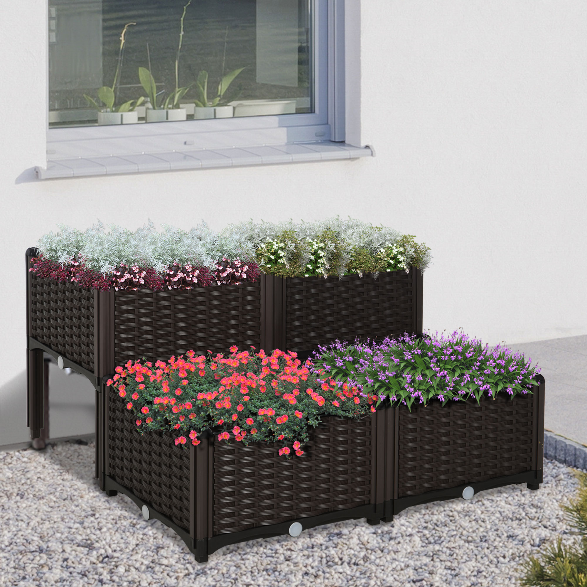 Bancal elevado de 4 piezas con patas, macetero para flores y vegetales, marrón