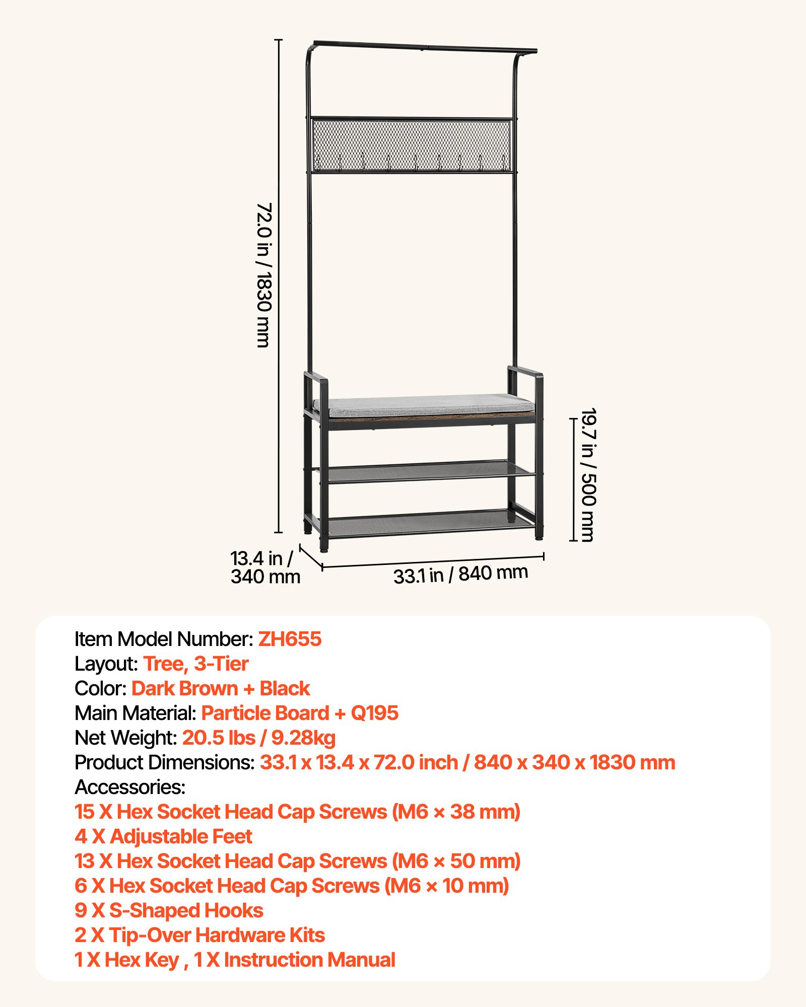 Hall Tree, 72 In Coat Rack With Shoe Bench, Freestanding 2-Tier Shoe Rack Storage Organizer With Hooks, Hanging Rod And Wire Shelf, Steel Frame Entrance Coat Holder For Entry, Bedroom, Closet