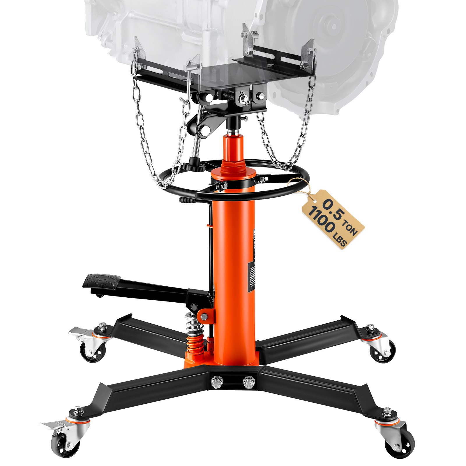 Transmission Jack, 1/2Ton/1100lbs Capacity Hydraulic Telescopic Transmission Jack, 2-Stage Floor Jack Stand With Foot Pedal, 360° Swivel Wheel, Garage/ Shop Lift Hoist, Orange