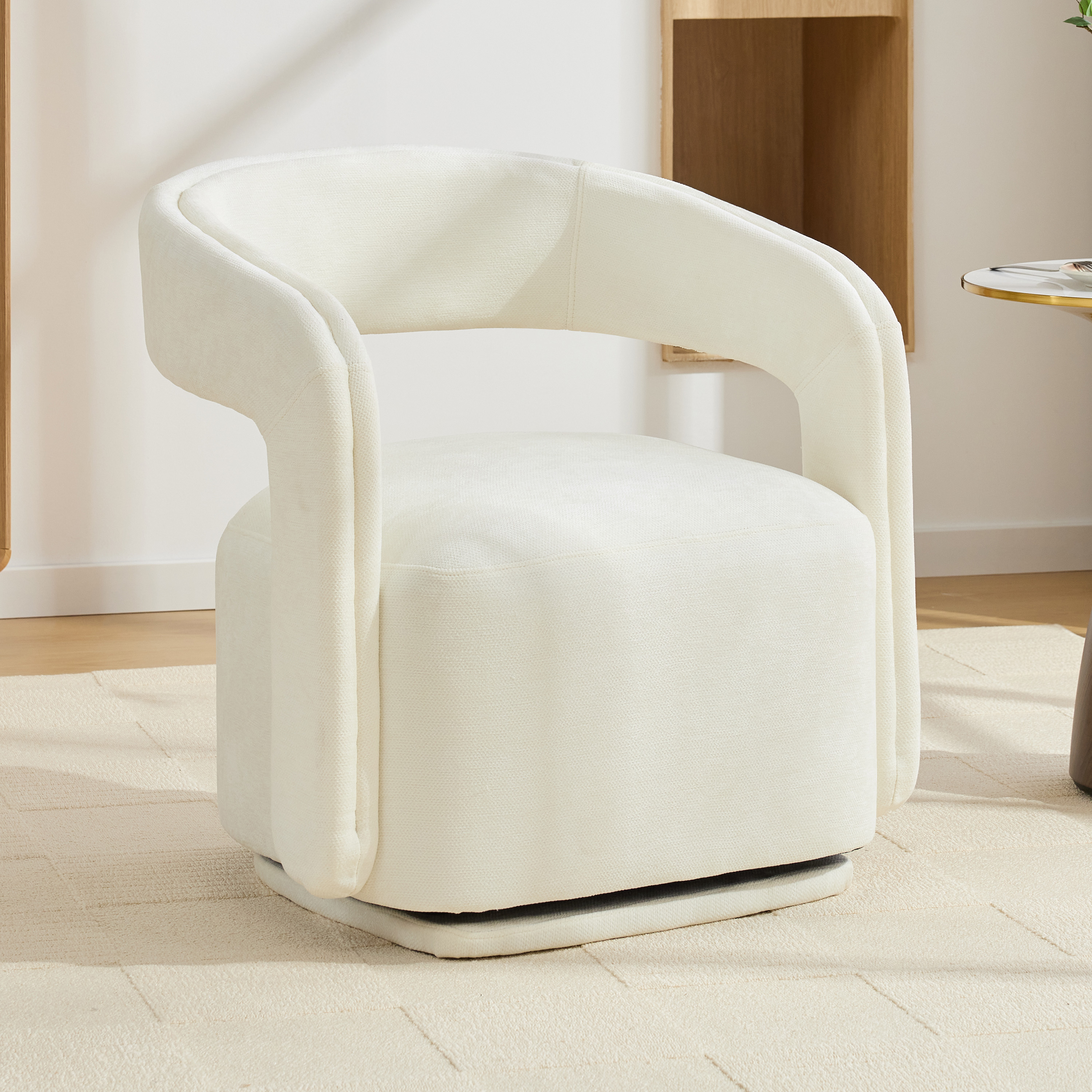 065-Sillón giratorio de chenilla, tapizado, con base negra, blanco