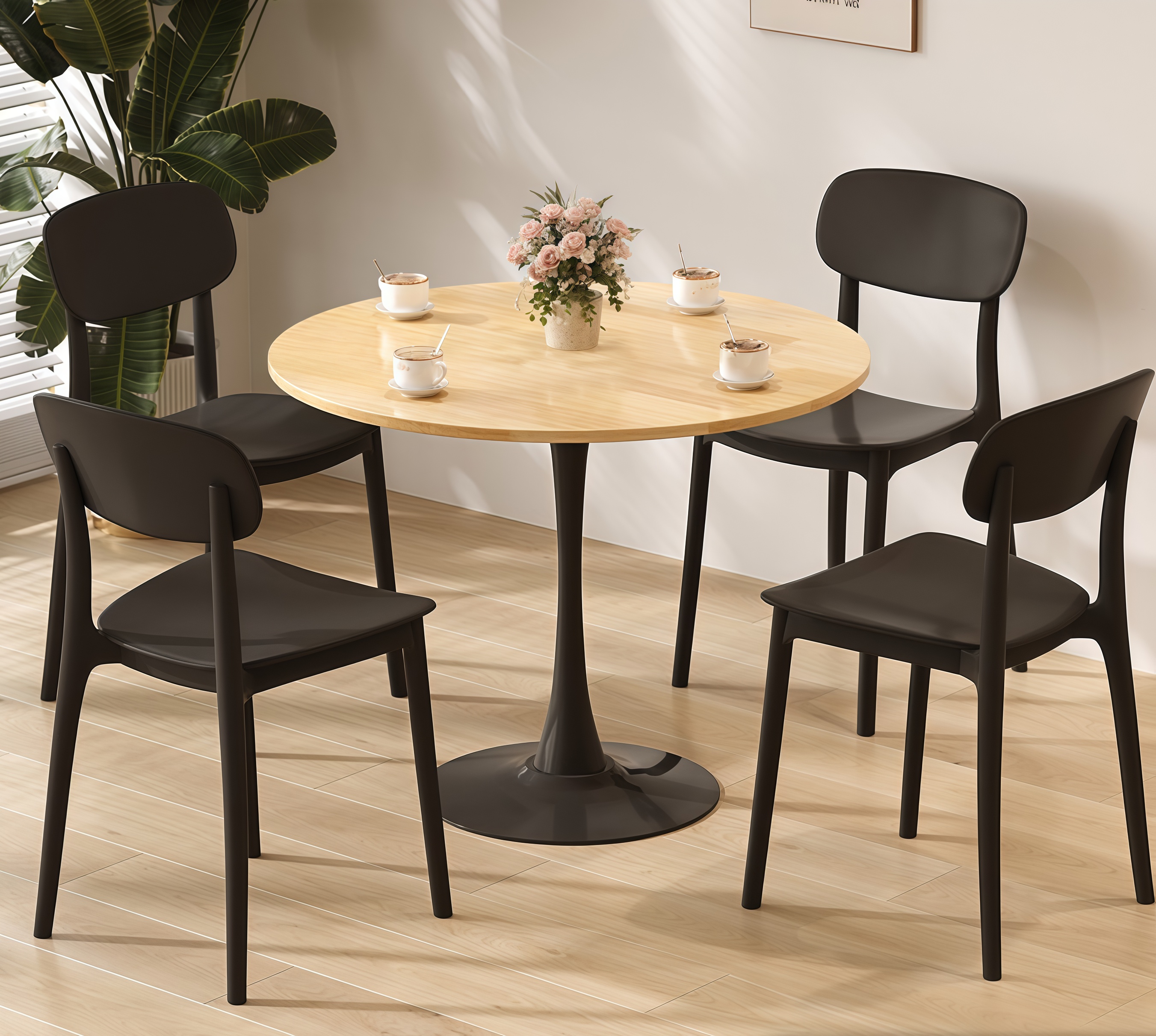 Natural Wood Color Round Table, Modern Dining Table, Dining Table, MDF Top And Steel Base Tulip Round Kitchen Table, Kitchen Table, Mid Century Coffee Table For Living Room 24 Inch, Oval Dining Table