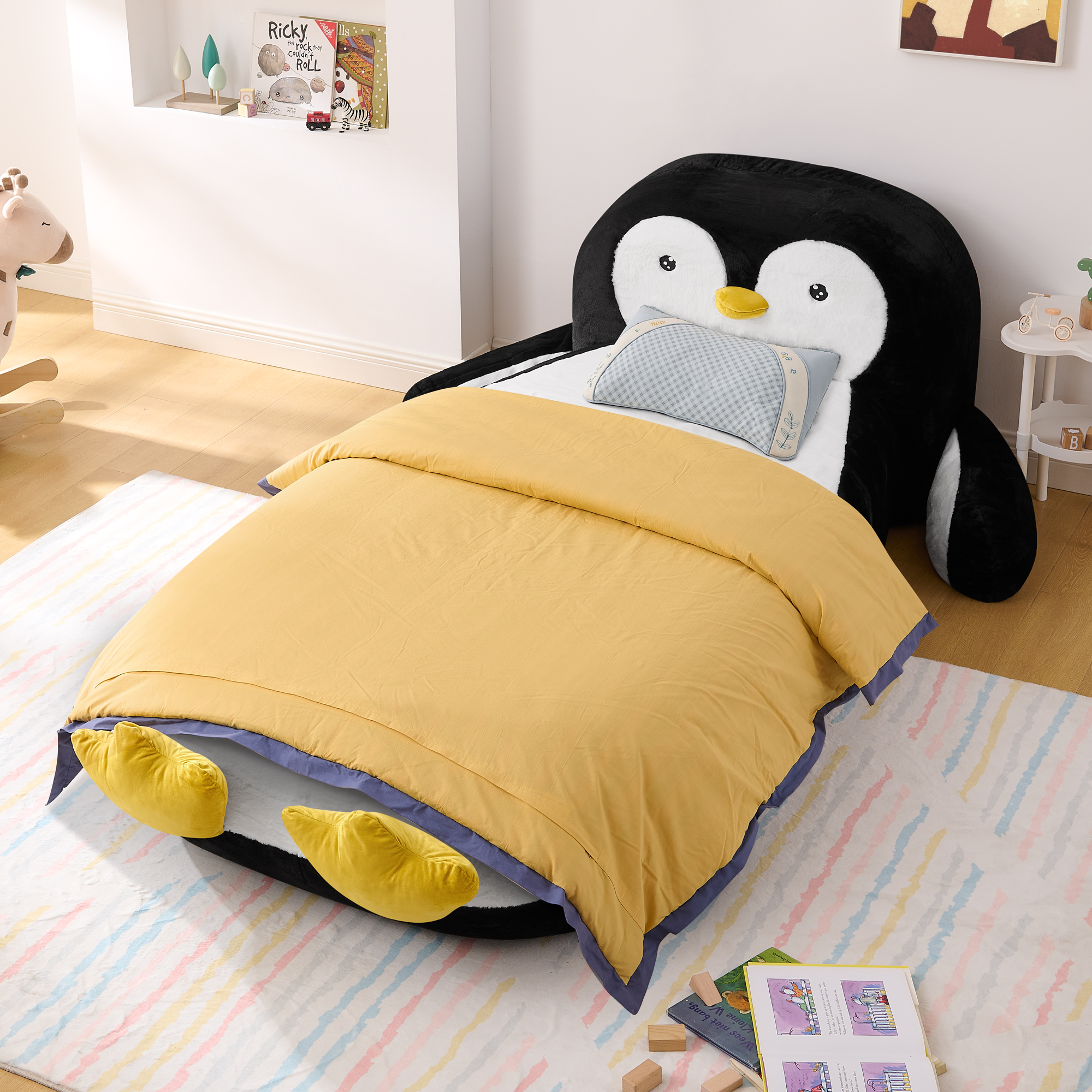 Twin Size Fluffy Faux Fur Penguin Shaped Bed Lounger Chair With Sponge Filling For Kids Bedroom Playroom 88x45x29.5