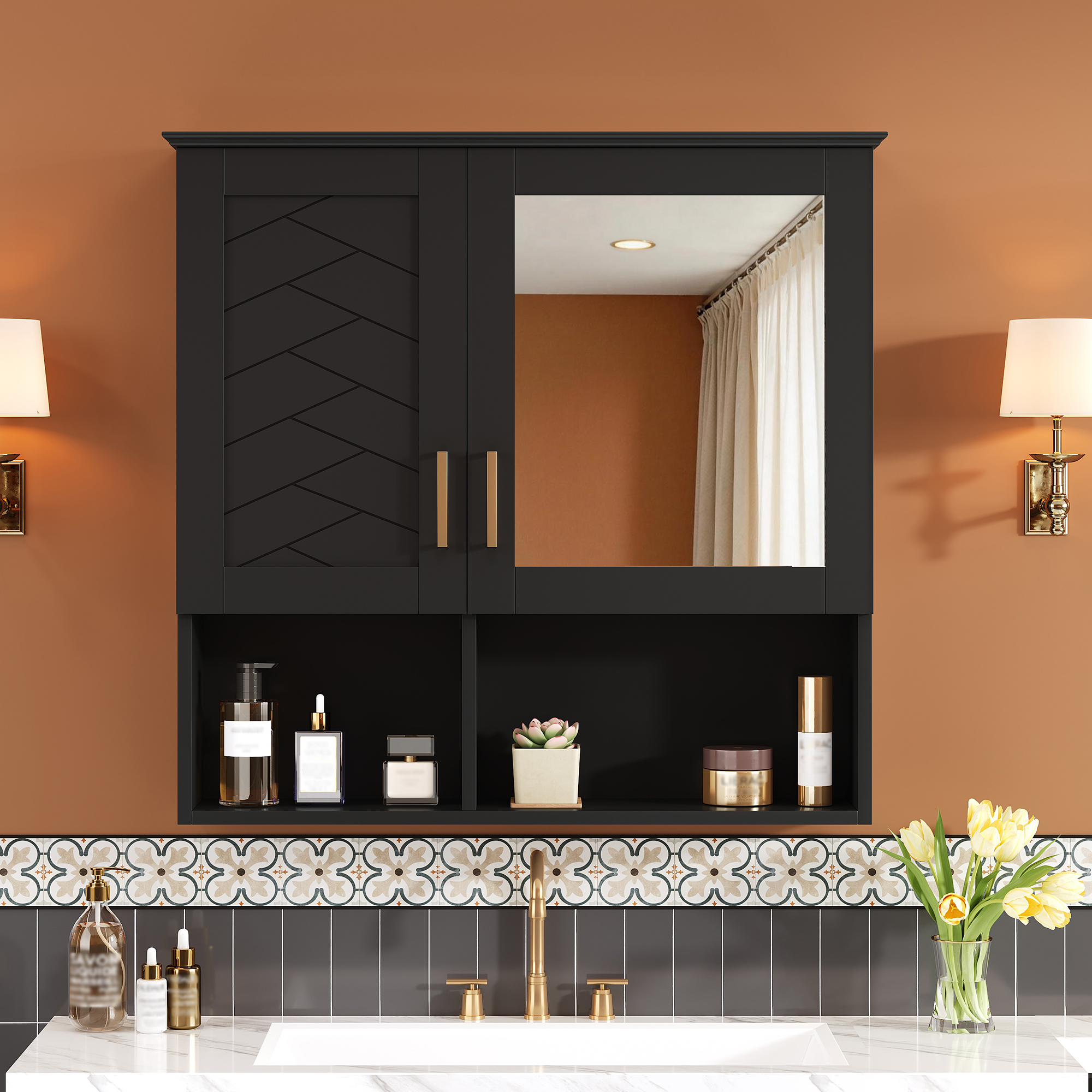 Gabinete de baño con espejo 2 en 1, 30 pulgadas, montado en pared con estantes ajustables.
